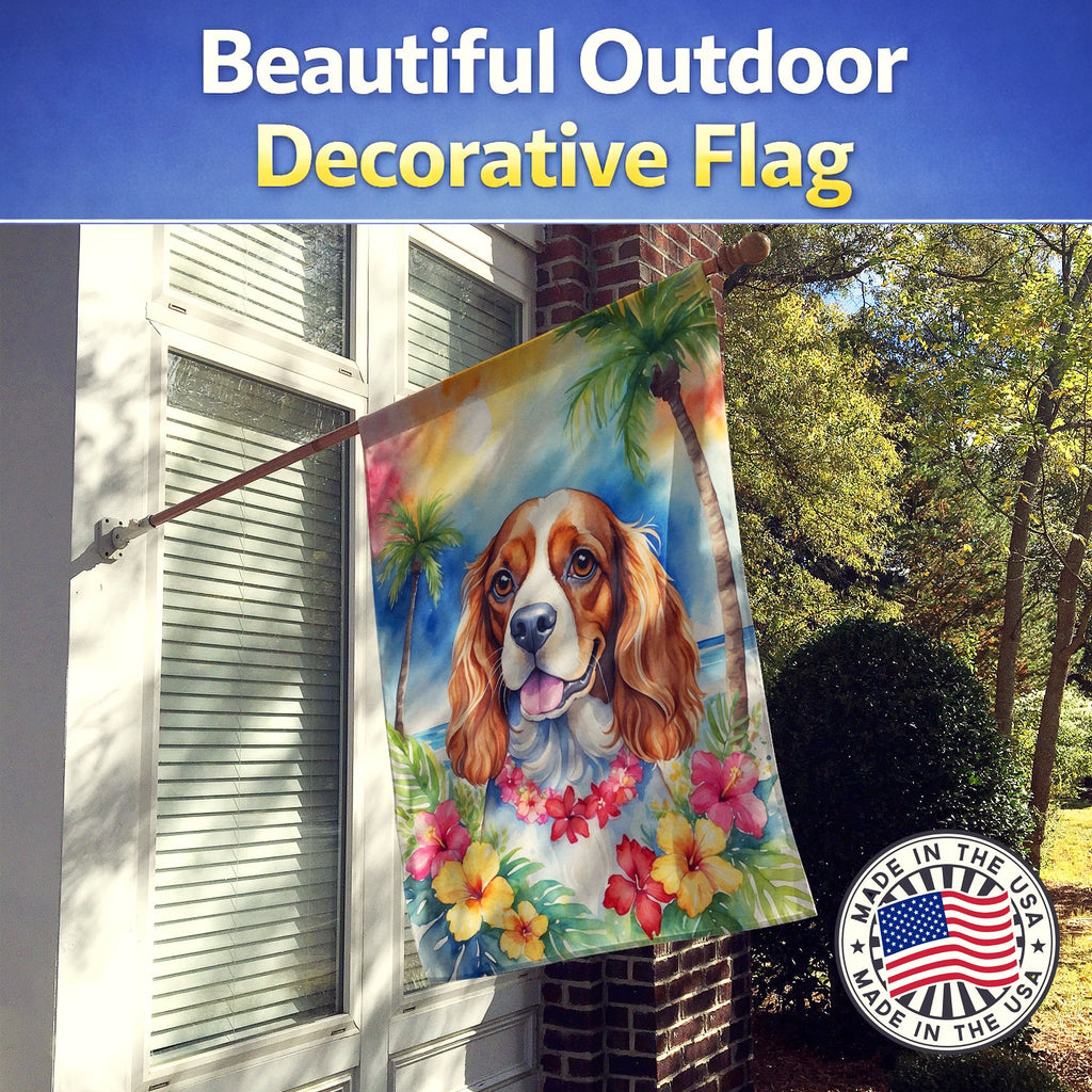 Cavalier Spaniel Luau House Flag 28x40 Porch Sleeve Pole Decorative Outside Yard Banner Artwork Wall Hanging, Polyester