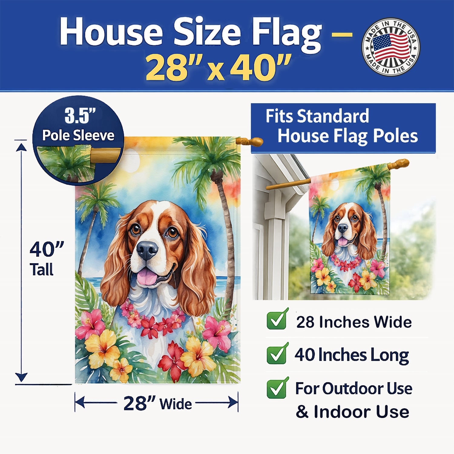 Cavalier Spaniel Luau House Flag 28x40 Porch Sleeve Pole Decorative Outside Yard Banner Artwork Wall Hanging, Polyester