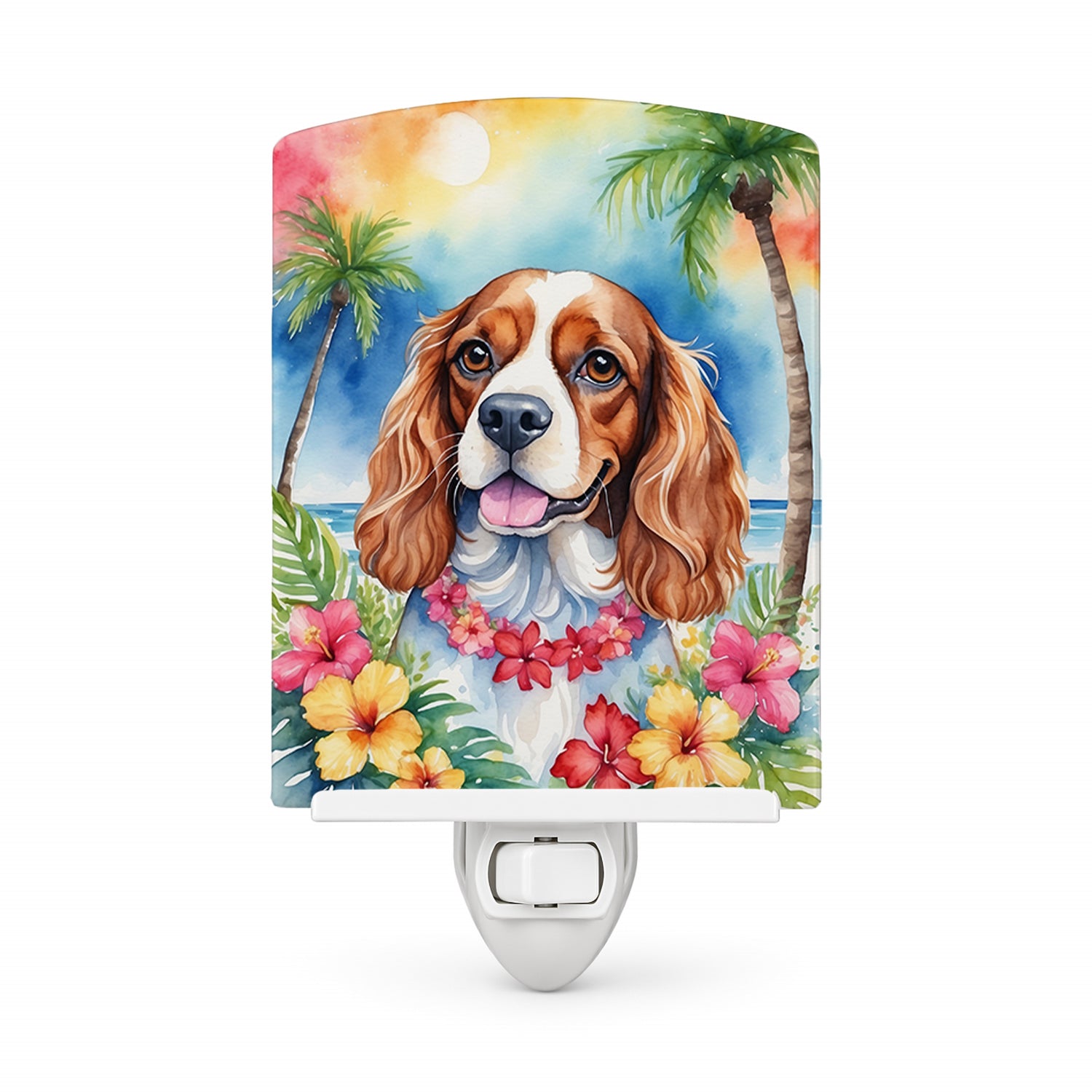 Cavalier Spaniel Luau Ceramic Night Light Compact, UL-Certified, Ideal for Bedroom, Bathroom, Nursery, Hallway, Kitchen, 6x4x3, Multicolor