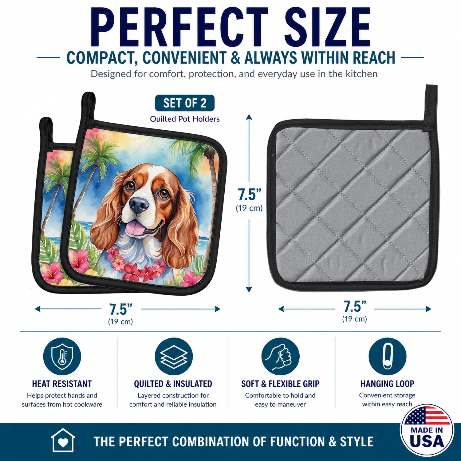 Cavalier Spaniel Luau Pot Holder Set of 2 Heat Resistant Quilted Hot Pads 7.5 x 7.5 Inch, Insulated Kitchen Trivets for Cooking & Baking