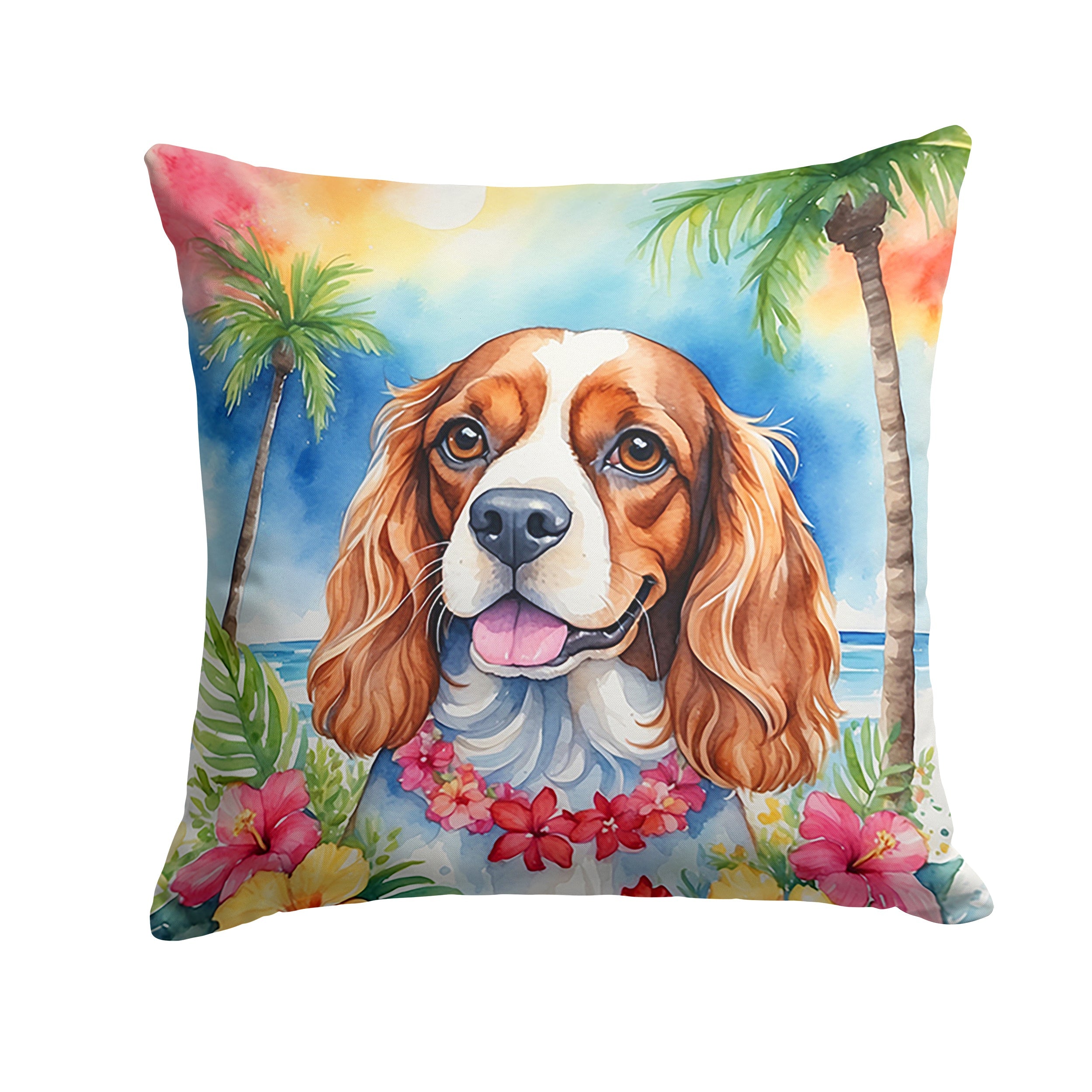 Cavalier Spaniel Luau Decorative Throw Pillow 14x14 Indoor Outdoor Accent Cushion, Fabric Cover with Insert for Sofa, Bed, Porch & Living Room