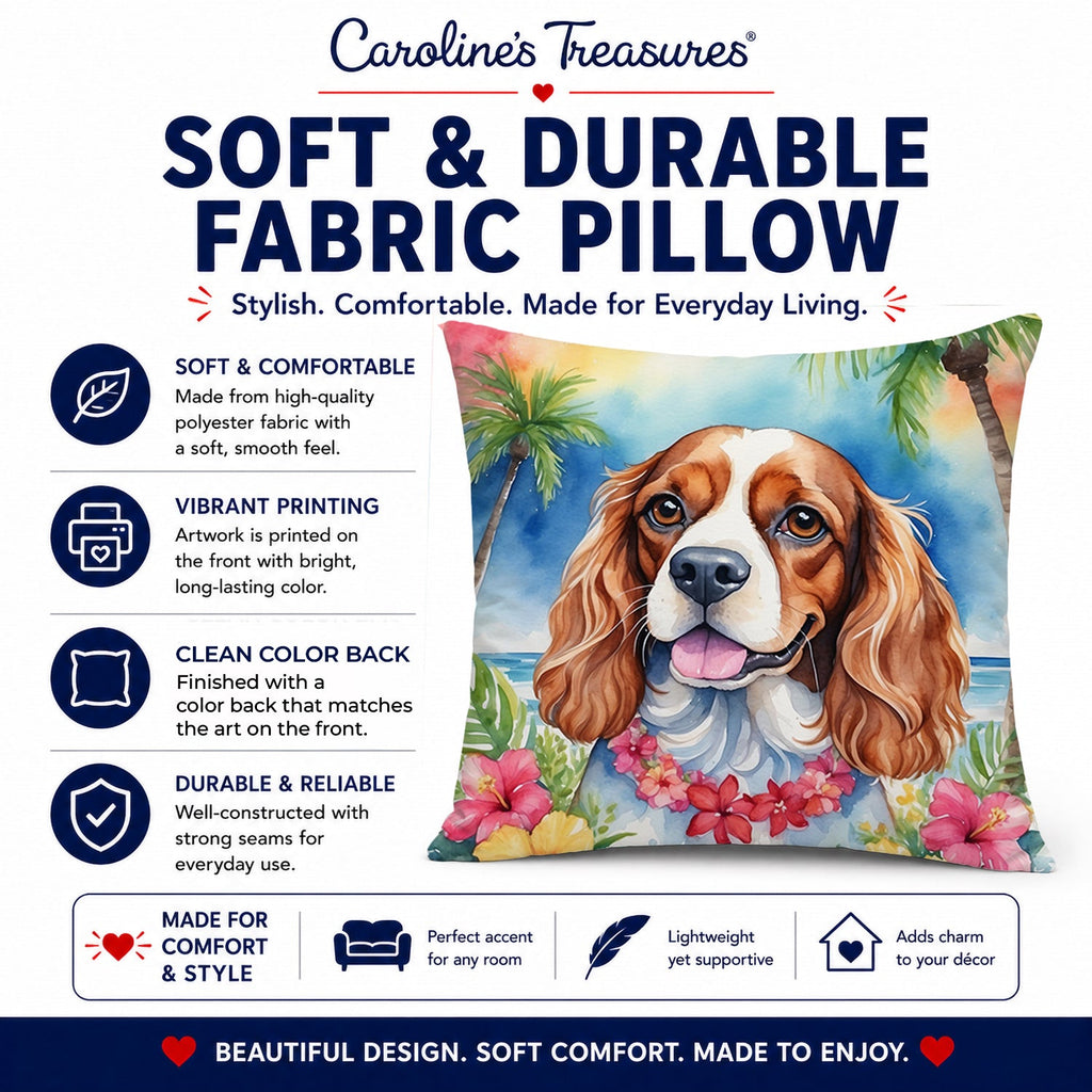 Cavalier Spaniel Luau Decorative Throw Pillow 14x14 Indoor Outdoor Accent Cushion, Fabric Cover with Insert for Sofa, Bed, Porch & Living Room