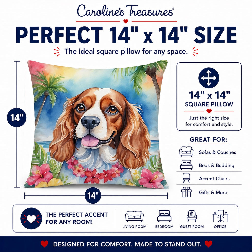 Cavalier Spaniel Luau Decorative Throw Pillow 14x14 Indoor Outdoor Accent Cushion, Fabric Cover with Insert for Sofa, Bed, Porch & Living Room