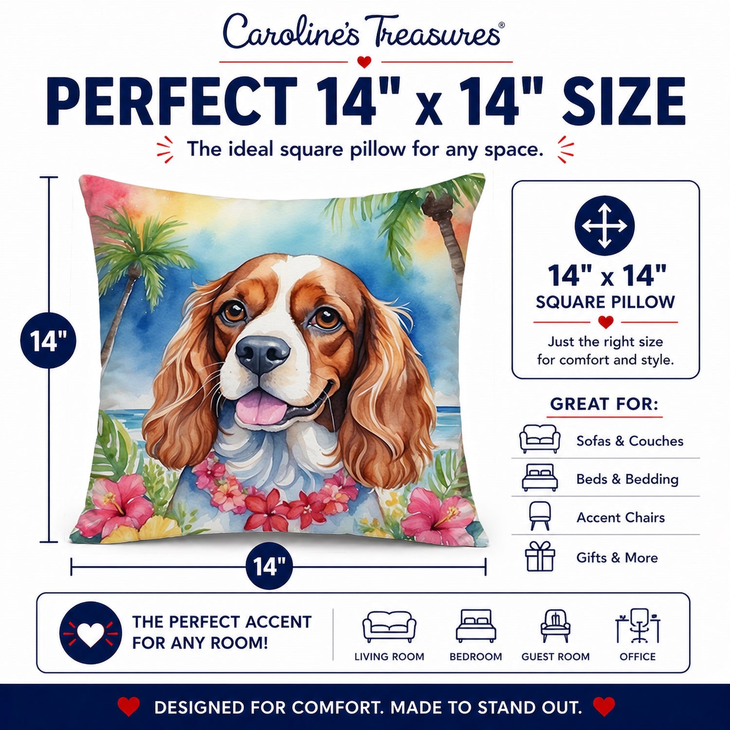 Cavalier Spaniel Luau Decorative Throw Pillow 14x14 Indoor Outdoor Accent Cushion, Fabric Cover with Insert for Sofa, Bed, Porch & Living Room