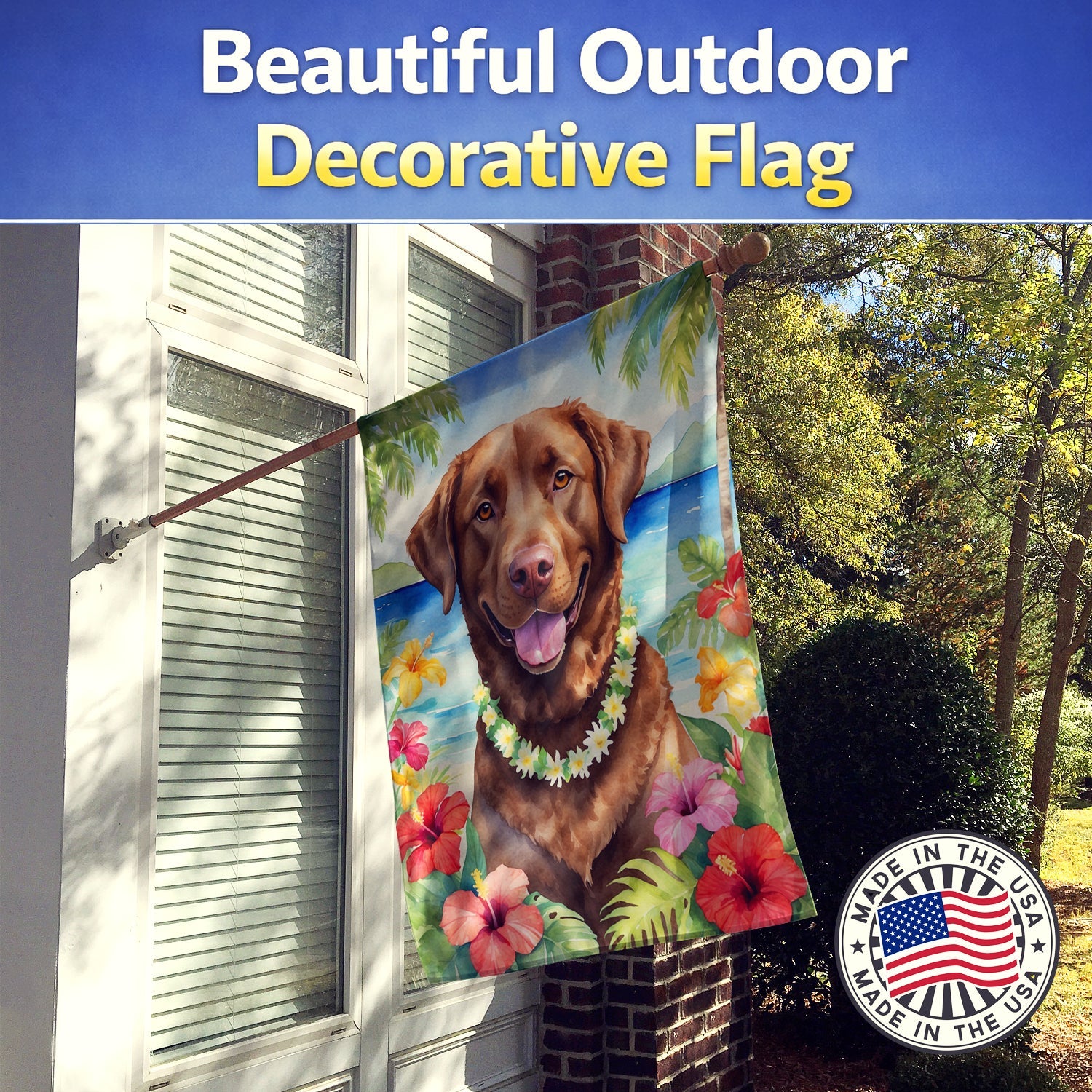 Chesapeake Bay Retriever Luau House Flag 28x40 Porch Sleeve Pole Decorative Outside Yard Banner Artwork Wall Hanging, Polyester