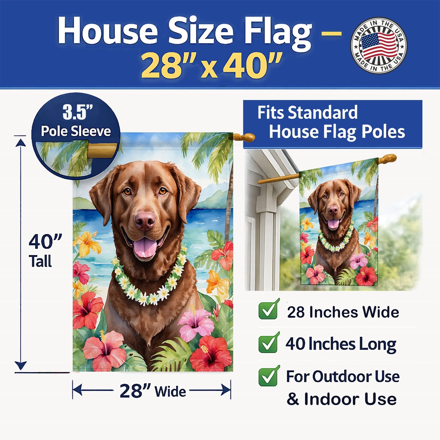 Chesapeake Bay Retriever Luau House Flag 28x40 Porch Sleeve Pole Decorative Outside Yard Banner Artwork Wall Hanging, Polyester