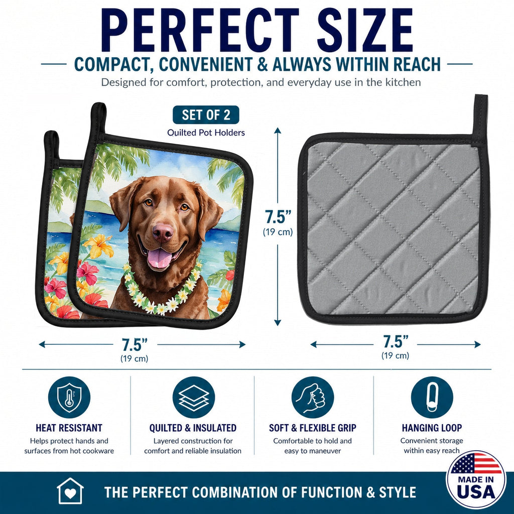 Chesapeake Bay Retriever Luau Pot Holder Set of 2 Heat Resistant Quilted Hot Pads 7.5 x 7.5 Inch, Insulated Kitchen Trivets for Cooking & Baking