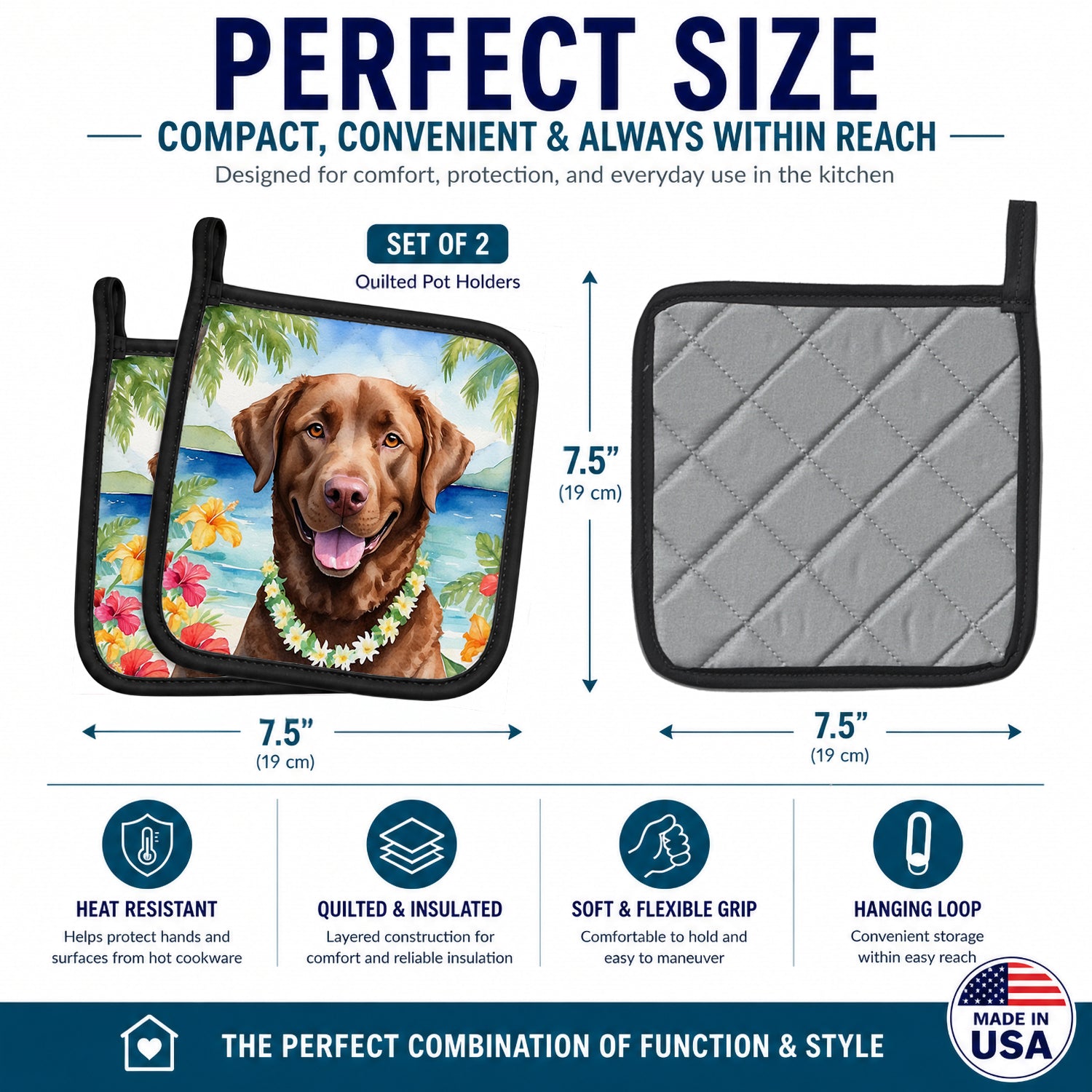 Chesapeake Bay Retriever Luau Pot Holder Set of 2 Heat Resistant Quilted Hot Pads 7.5 x 7.5 Inch, Insulated Kitchen Trivets for Cooking & Baking