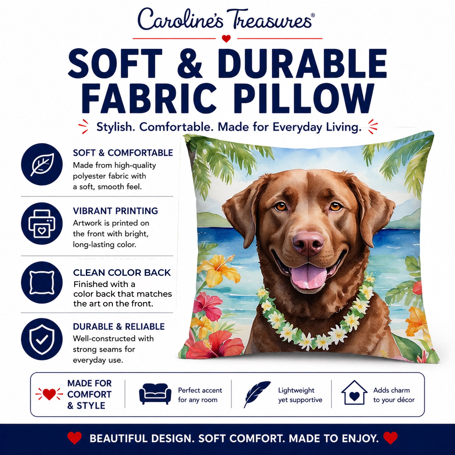 Chesapeake Bay Retriever Luau Decorative Throw Pillow 14x14 Indoor Outdoor Accent Cushion, Fabric Cover with Insert for Sofa, Bed, Porch & Living Room
