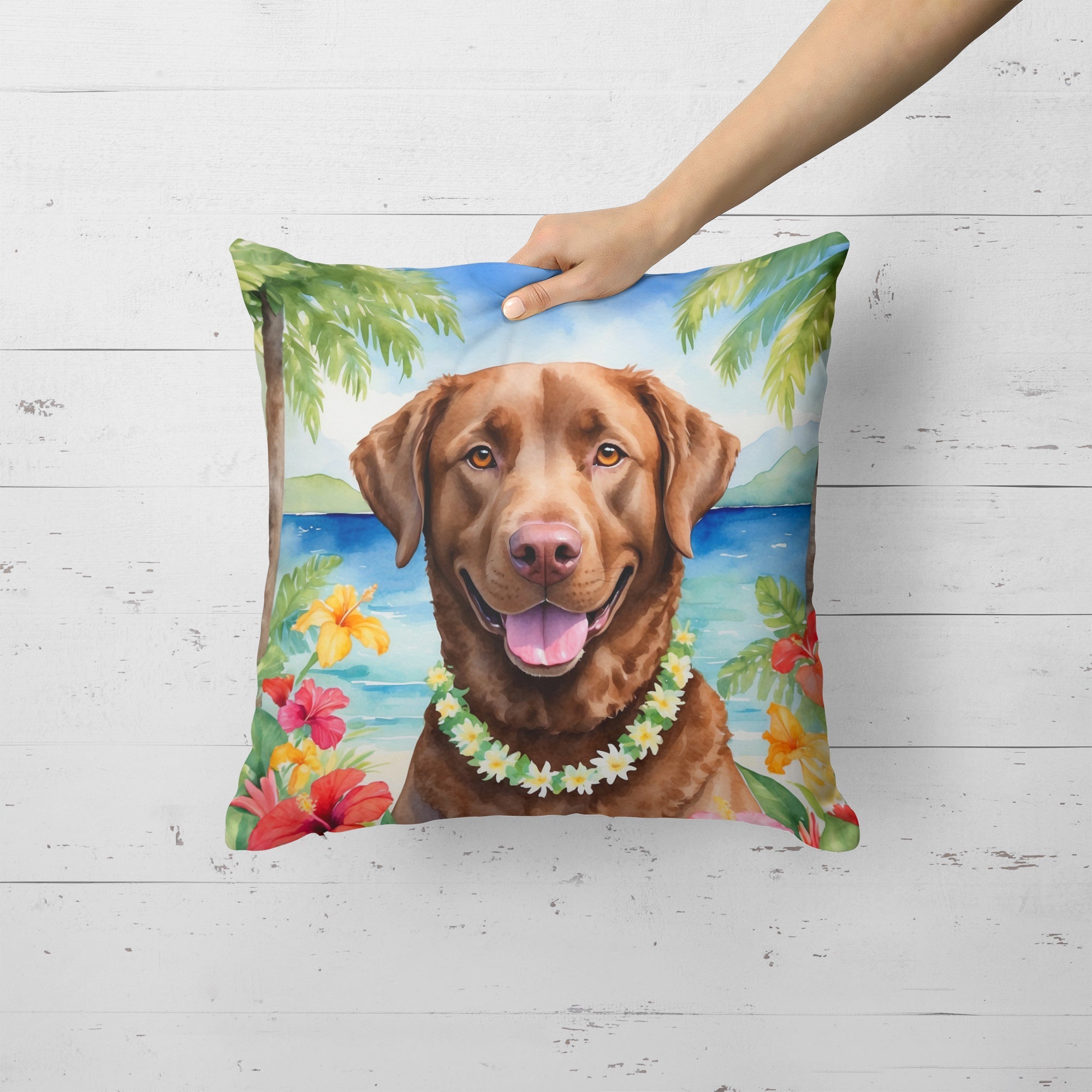 Chesapeake Bay Retriever Luau Decorative Throw Pillow 18x18 Indoor Outdoor Accent Cushion, Fabric Cover with Insert for Sofa, Bed, Porch & Living Room