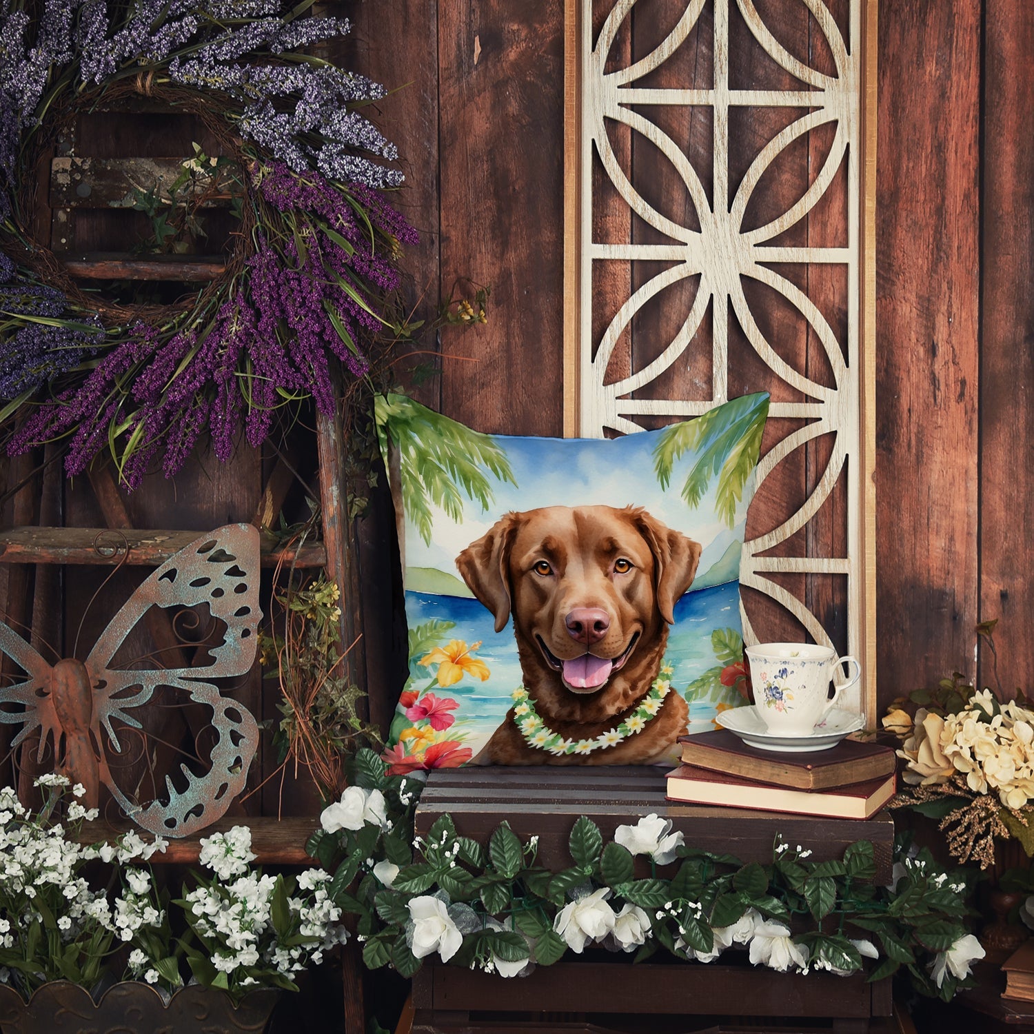 Chesapeake Bay Retriever Luau Decorative Throw Pillow 18x18 Indoor Outdoor Accent Cushion, Fabric Cover with Insert for Sofa, Bed, Porch & Living Room