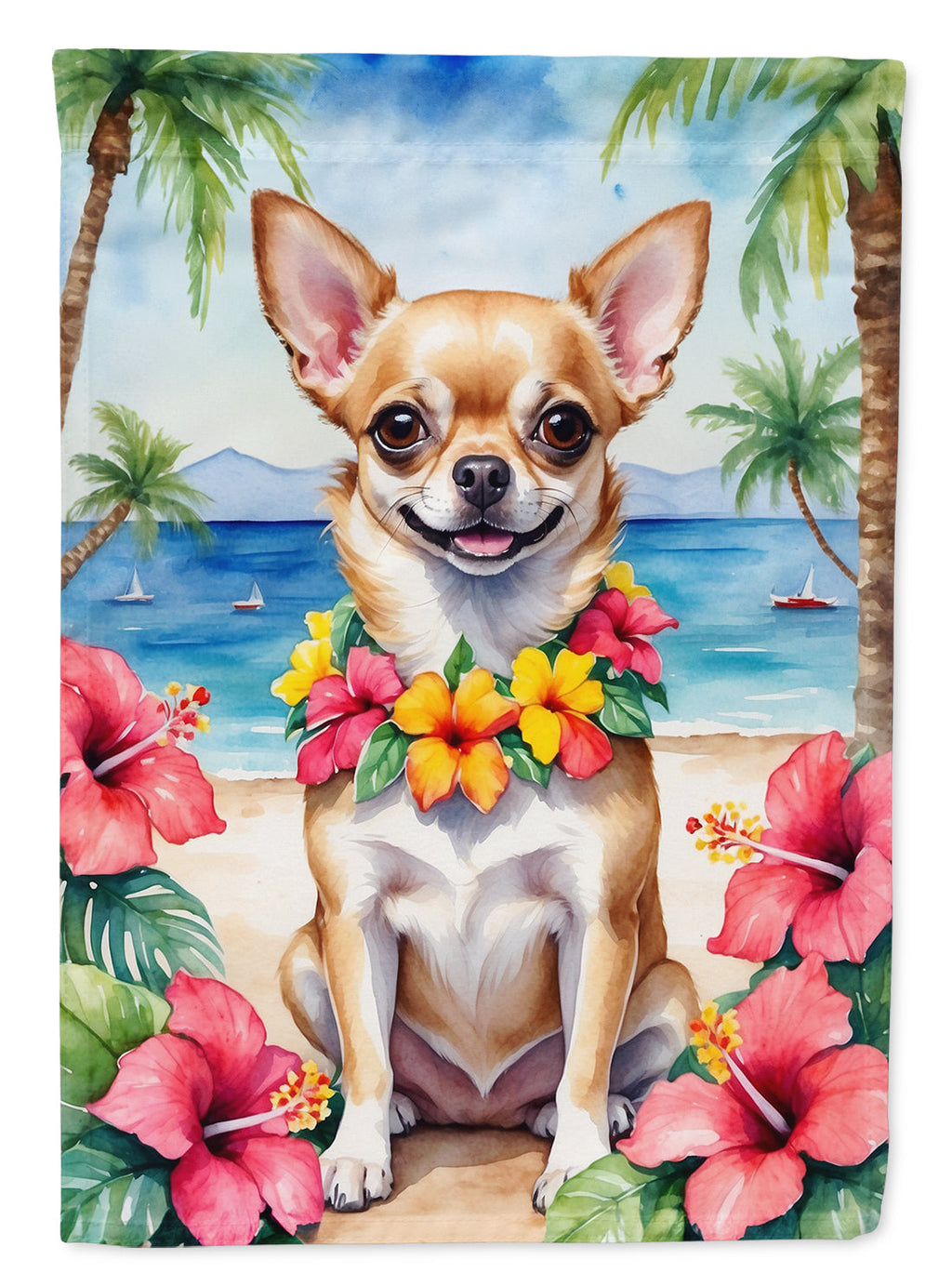 Chihuahua Luau House Flag 28x40 Porch Sleeve Pole Decorative Outside Yard Banner Artwork Wall Hanging, Polyester