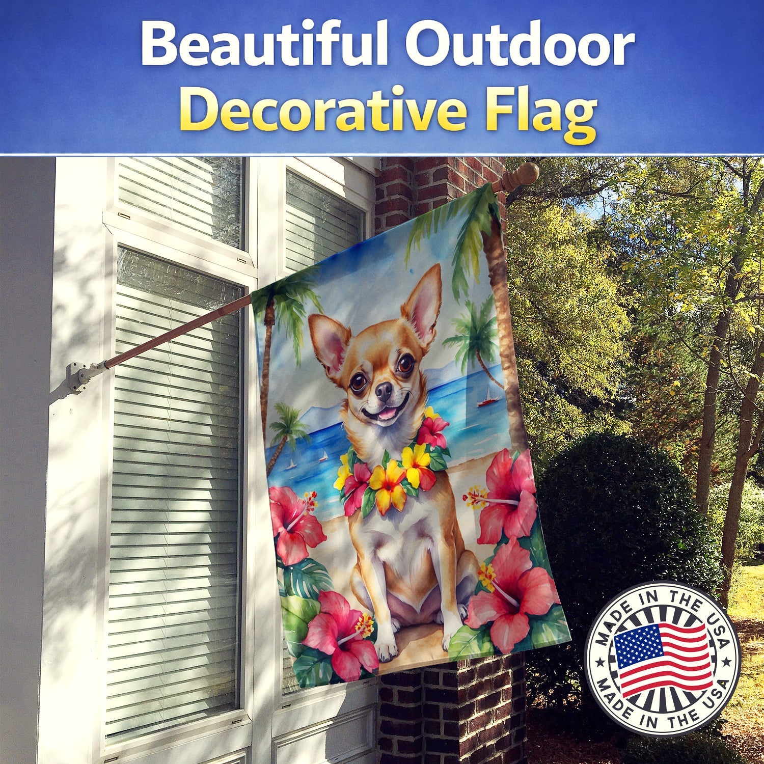 Chihuahua Luau House Flag 28x40 Porch Sleeve Pole Decorative Outside Yard Banner Artwork Wall Hanging, Polyester