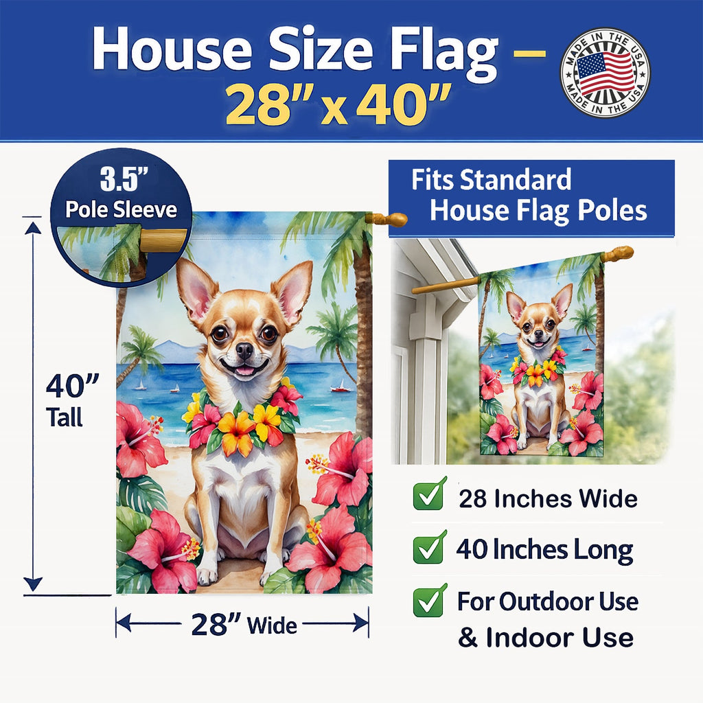 Chihuahua Luau House Flag 28x40 Porch Sleeve Pole Decorative Outside Yard Banner Artwork Wall Hanging, Polyester