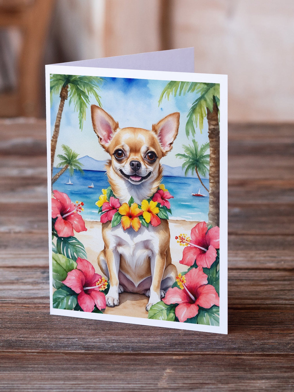 Chihuahua Luau Greeting Cards Pack of 8 Blank Cards with Envelopes Whimsical A7 Size 5x7