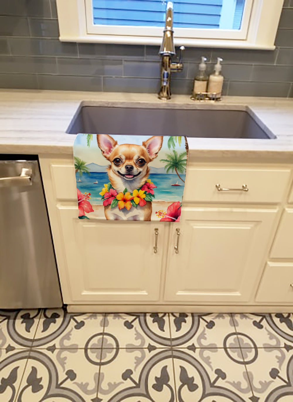 Chihuahua Luau Kitchen Towel Velour Plush Front and Cotton Loop Back Machine Washable