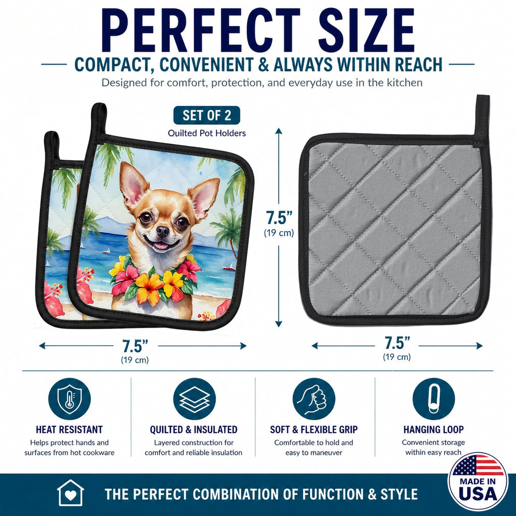 Chihuahua Luau Pot Holder Set of 2 Heat Resistant Quilted Hot Pads 7.5 x 7.5 Inch, Insulated Kitchen Trivets for Cooking & Baking