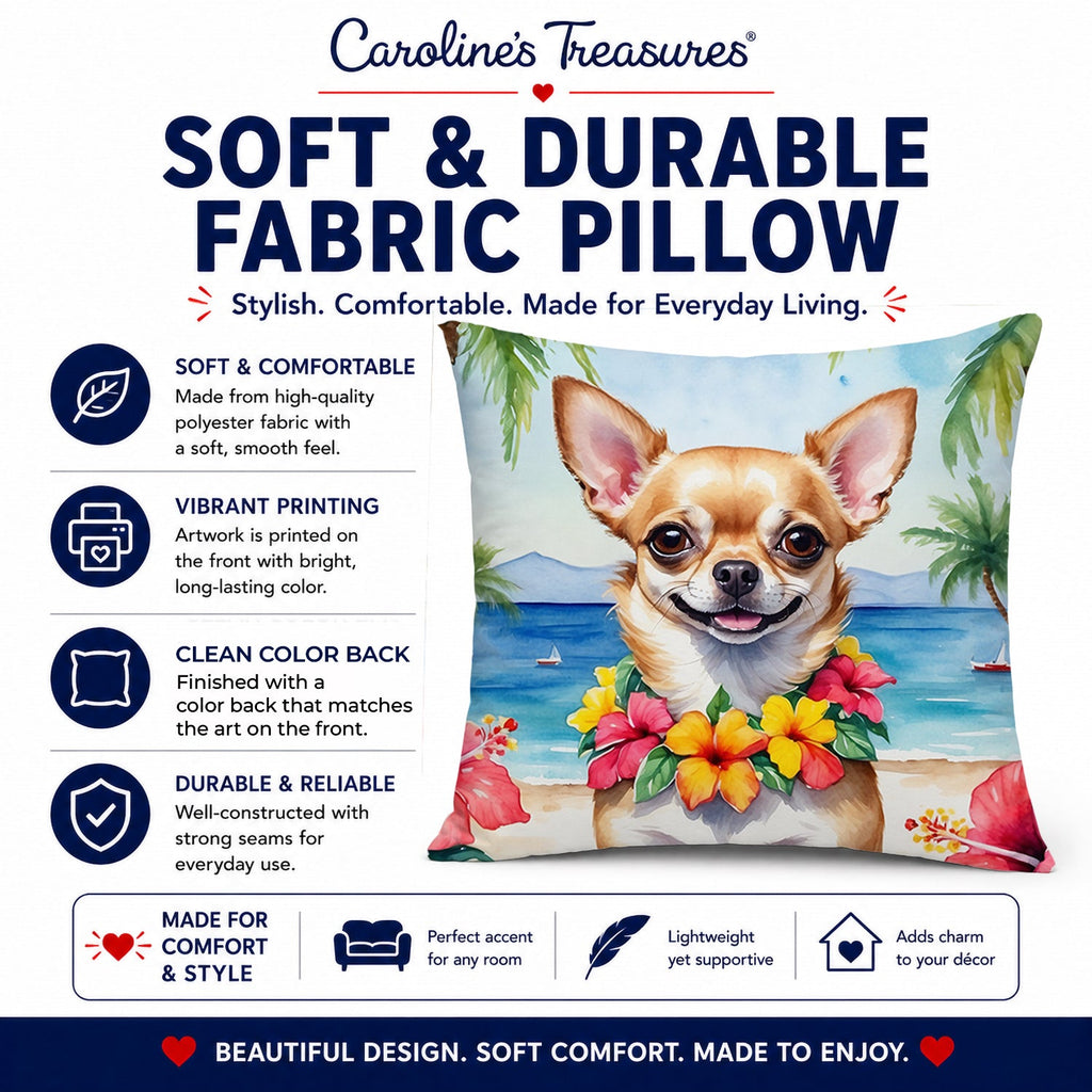 Chihuahua Luau Decorative Throw Pillow 14x14 Indoor Outdoor Accent Cushion, Fabric Cover with Insert for Sofa, Bed, Porch & Living Room