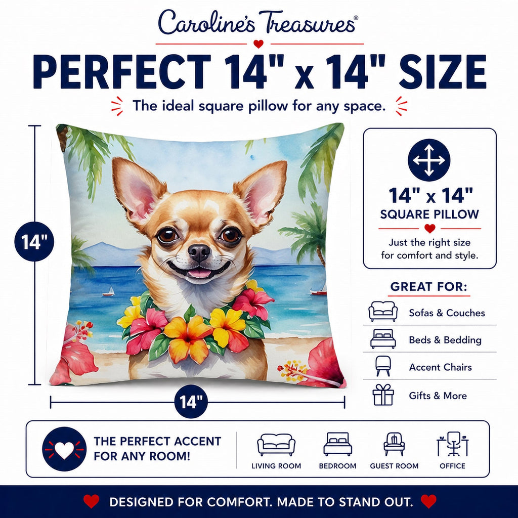 Chihuahua Luau Decorative Throw Pillow 14x14 Indoor Outdoor Accent Cushion, Fabric Cover with Insert for Sofa, Bed, Porch & Living Room