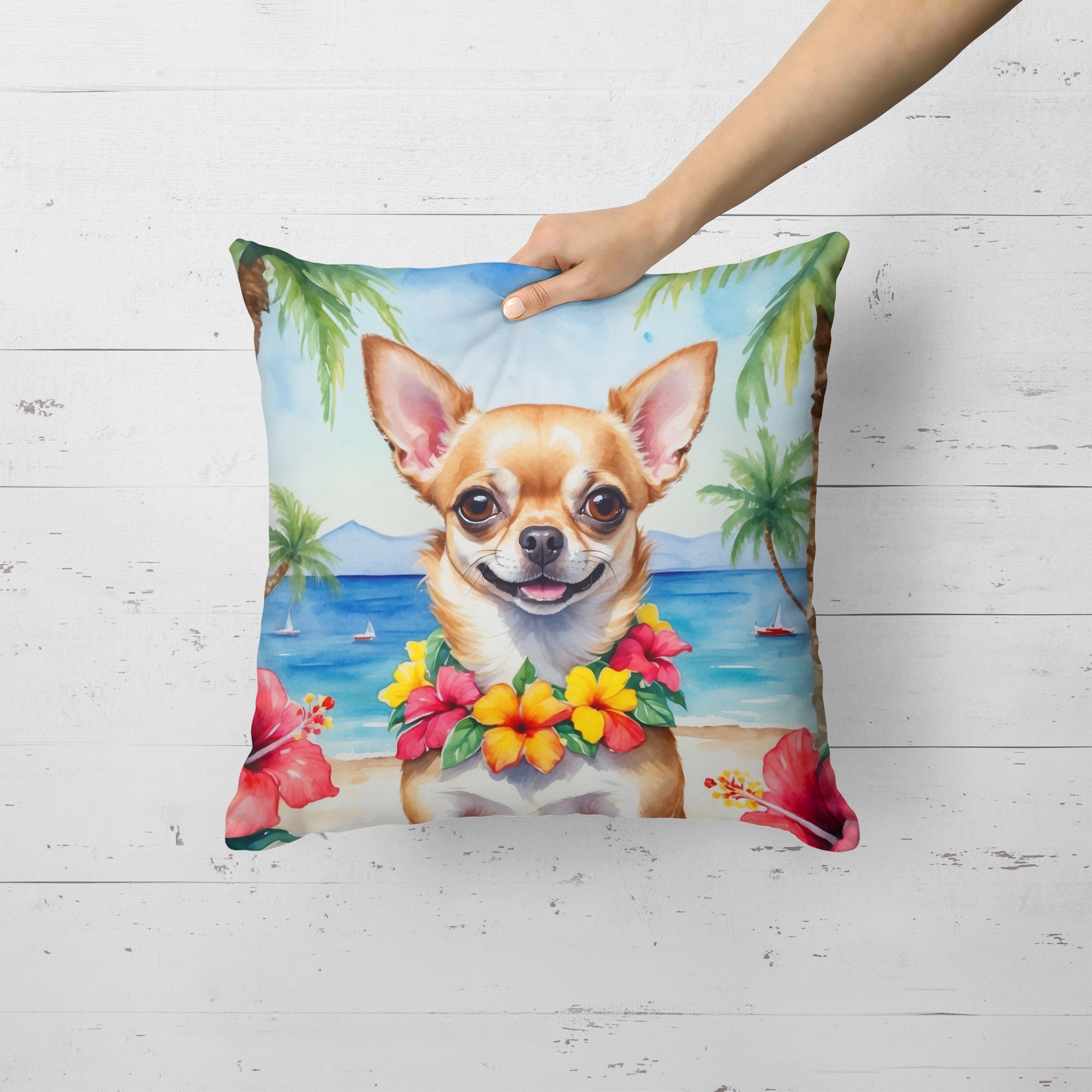 Chihuahua Luau Decorative Throw Pillow 18x18 Indoor Outdoor Accent Cushion, Fabric Cover with Insert for Sofa, Bed, Porch & Living Room