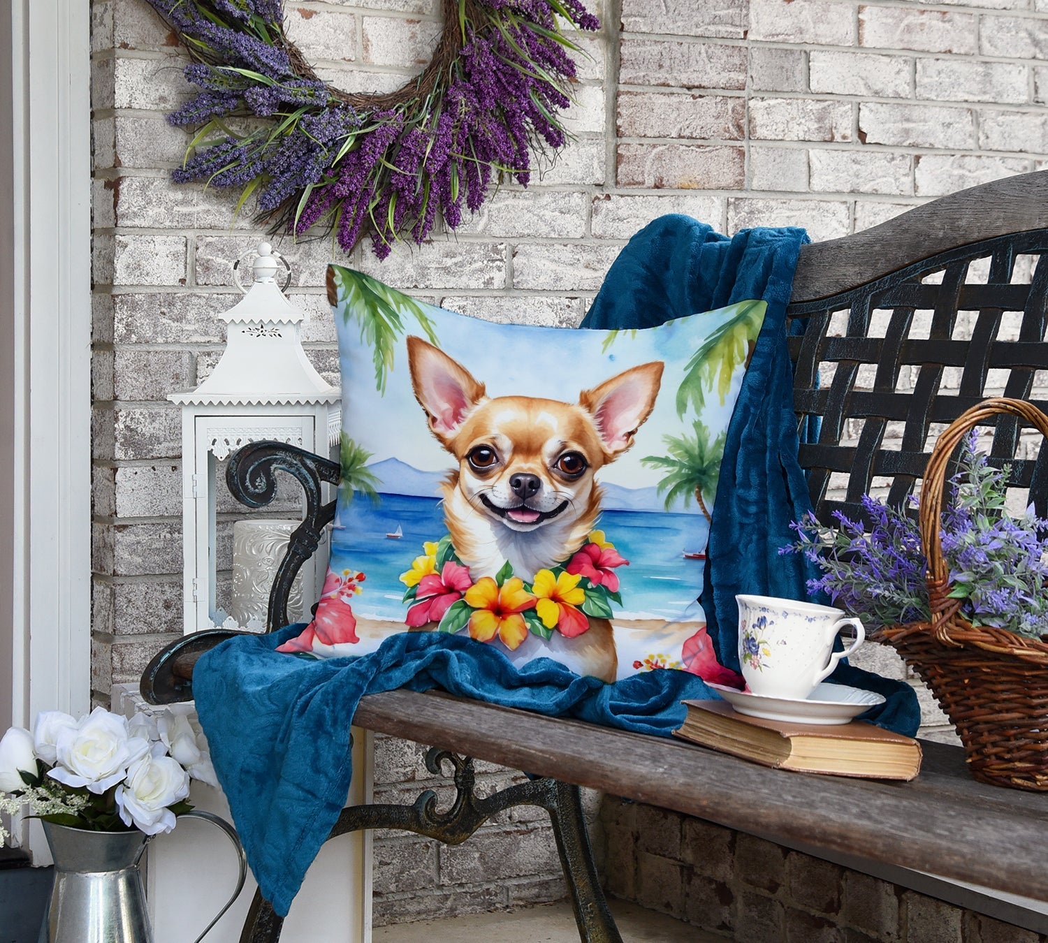 Chihuahua Luau Decorative Throw Pillow 18x18 Indoor Outdoor Accent Cushion, Fabric Cover with Insert for Sofa, Bed, Porch & Living Room