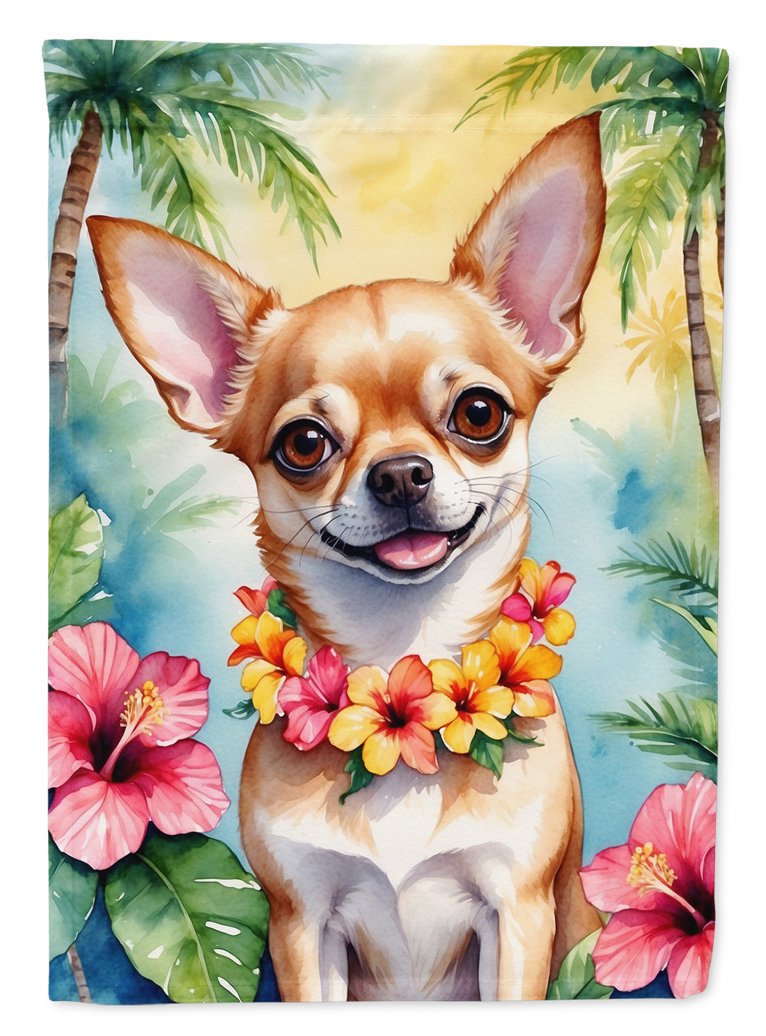 Chihuahua Luau House Flag 28x40 Porch Sleeve Pole Decorative Outside Yard Banner Artwork Wall Hanging, Polyester