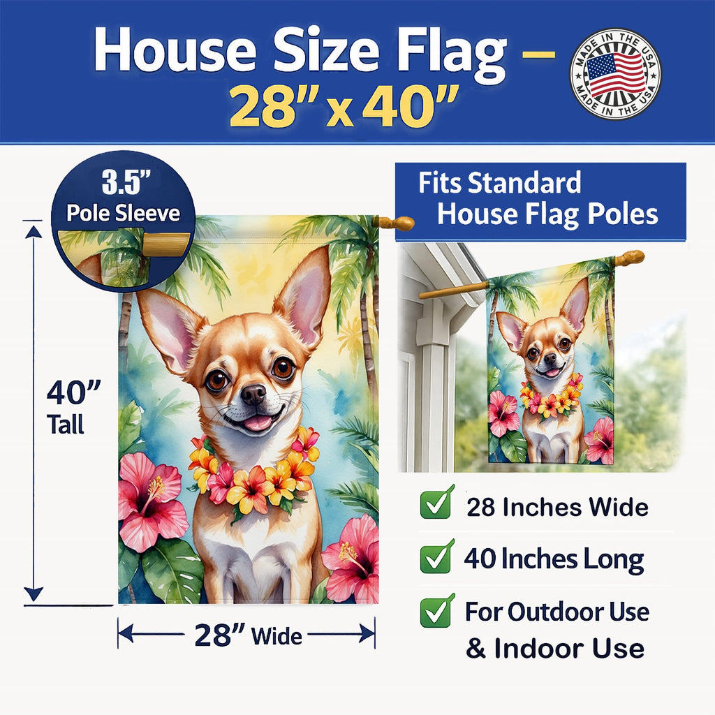 Chihuahua Luau House Flag 28x40 Porch Sleeve Pole Decorative Outside Yard Banner Artwork Wall Hanging, Polyester