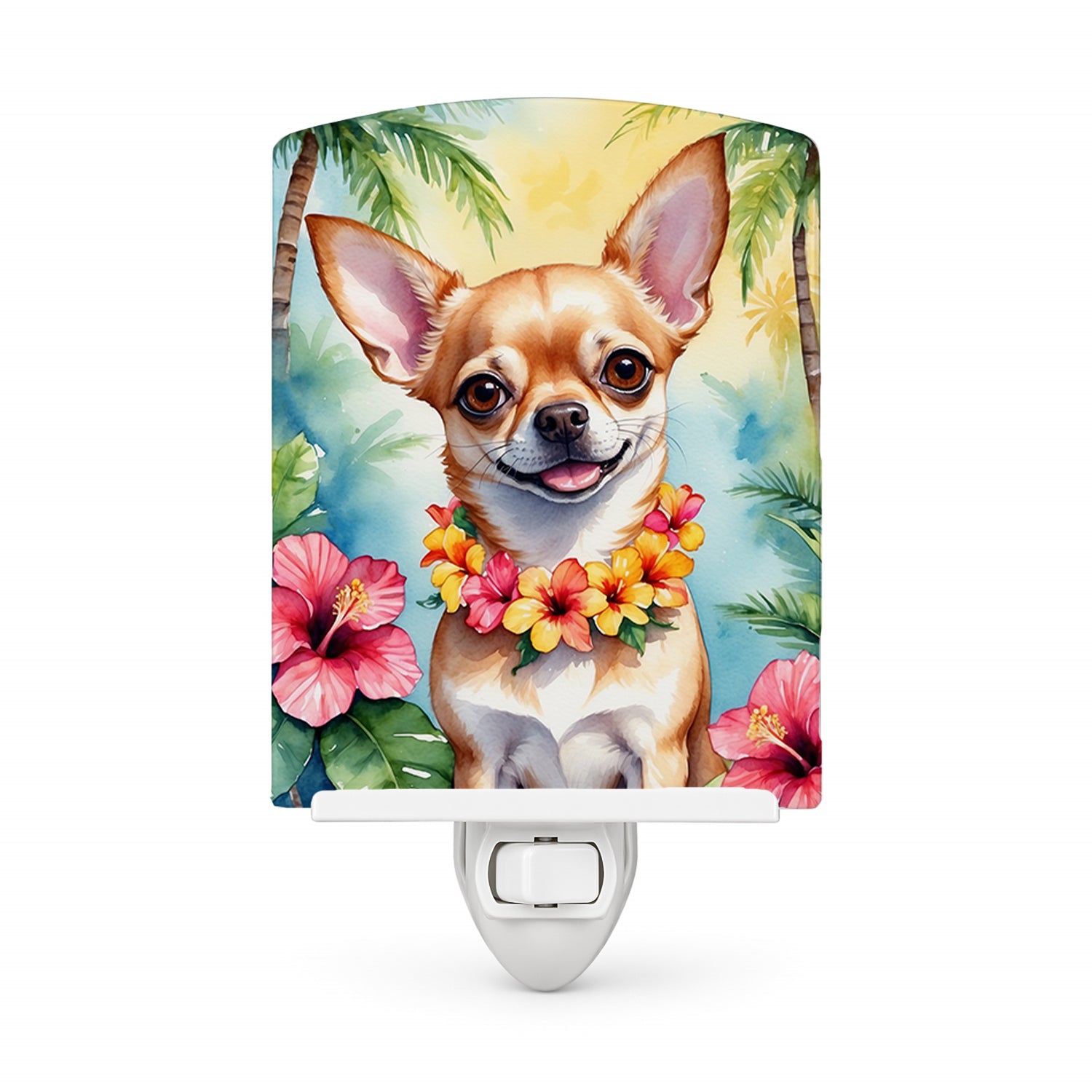 Chihuahua Luau Ceramic Night Light Compact, UL-Certified, Ideal for Bedroom, Bathroom, Nursery, Hallway, Kitchen, 6x4x3, Multicolor
