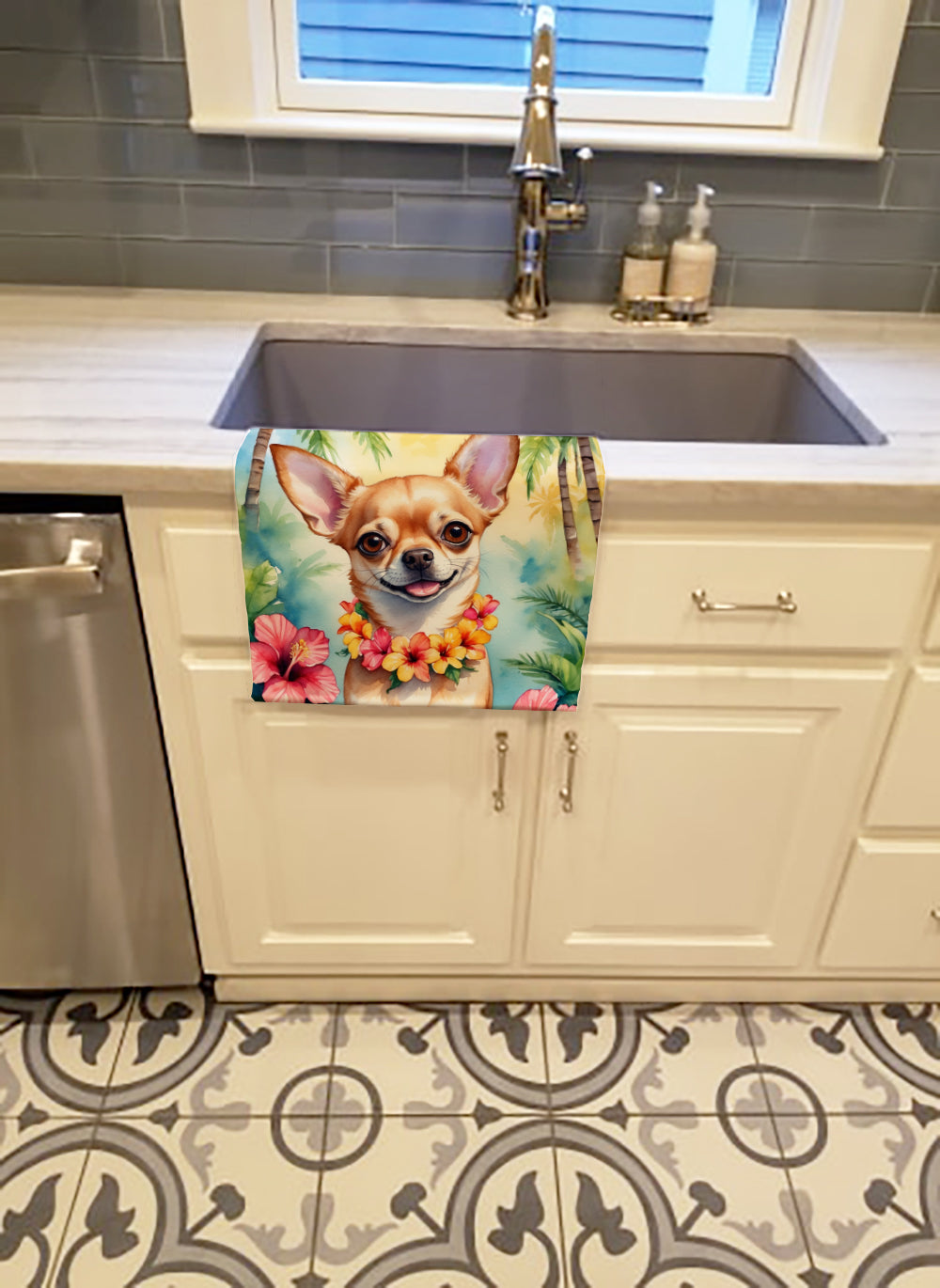 Chihuahua Luau Kitchen Towel Velour Plush Front and Cotton Loop Back Machine Washable