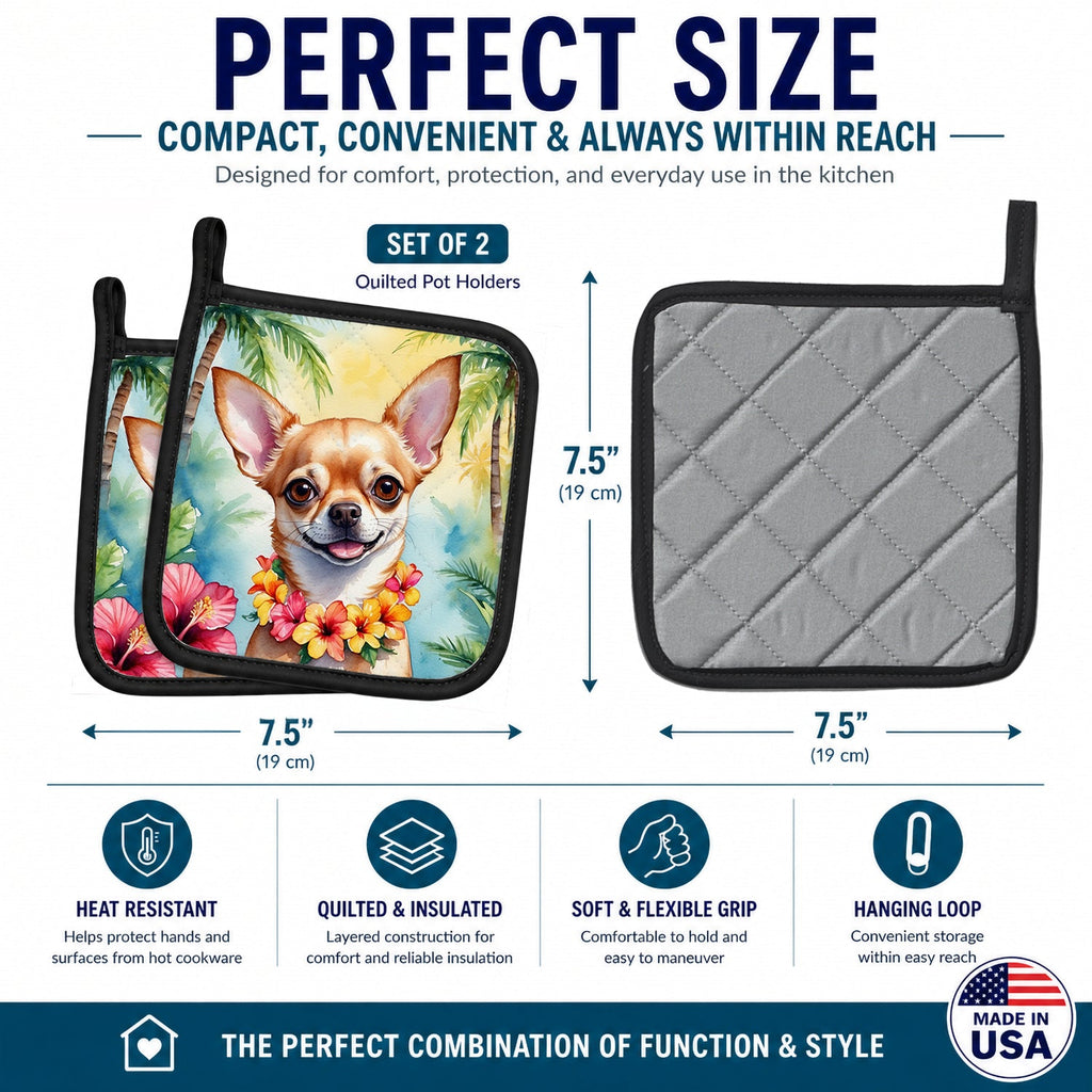 Chihuahua Luau Pot Holder Set of 2 Heat Resistant Quilted Hot Pads 7.5 x 7.5 Inch, Insulated Kitchen Trivets for Cooking & Baking