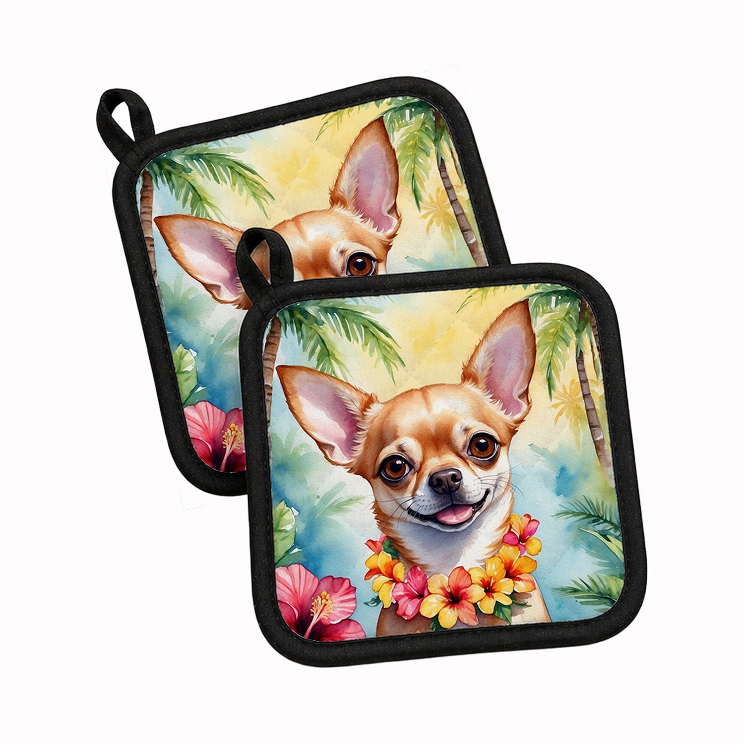Chihuahua Luau Pot Holder Set of 2 Heat Resistant Quilted Hot Pads 7.5 x 7.5 Inch, Insulated Kitchen Trivets for Cooking & Baking