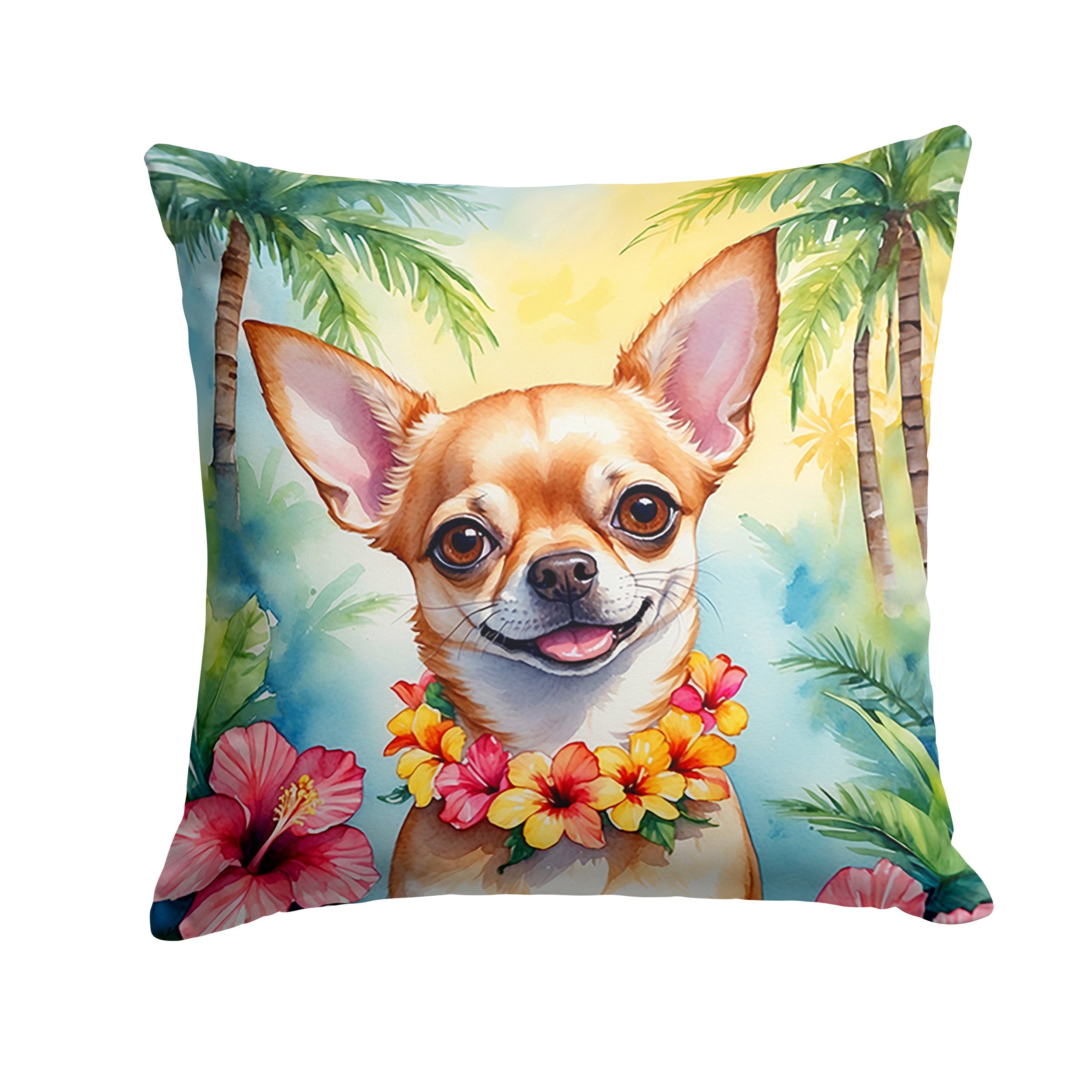 Chihuahua Luau Decorative Throw Pillow 14x14 Indoor Outdoor Accent Cushion, Fabric Cover with Insert for Sofa, Bed, Porch & Living Room