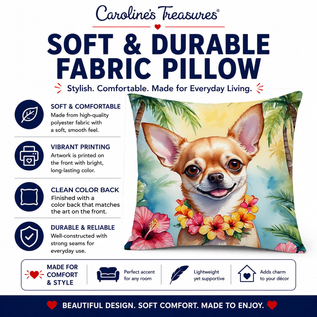 Chihuahua Luau Decorative Throw Pillow 14x14 Indoor Outdoor Accent Cushion, Fabric Cover with Insert for Sofa, Bed, Porch & Living Room