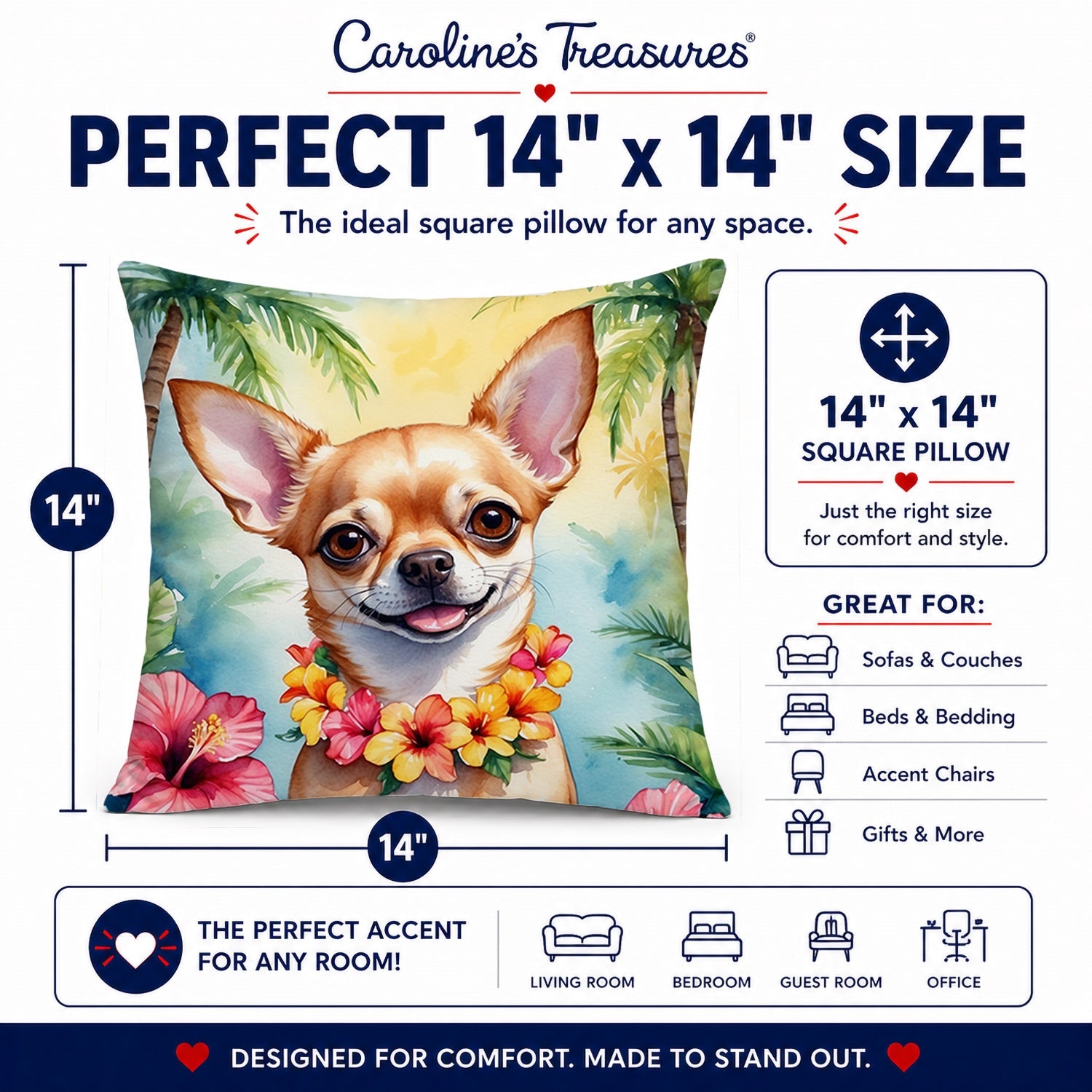 Chihuahua Luau Decorative Throw Pillow 14x14 Indoor Outdoor Accent Cushion, Fabric Cover with Insert for Sofa, Bed, Porch & Living Room
