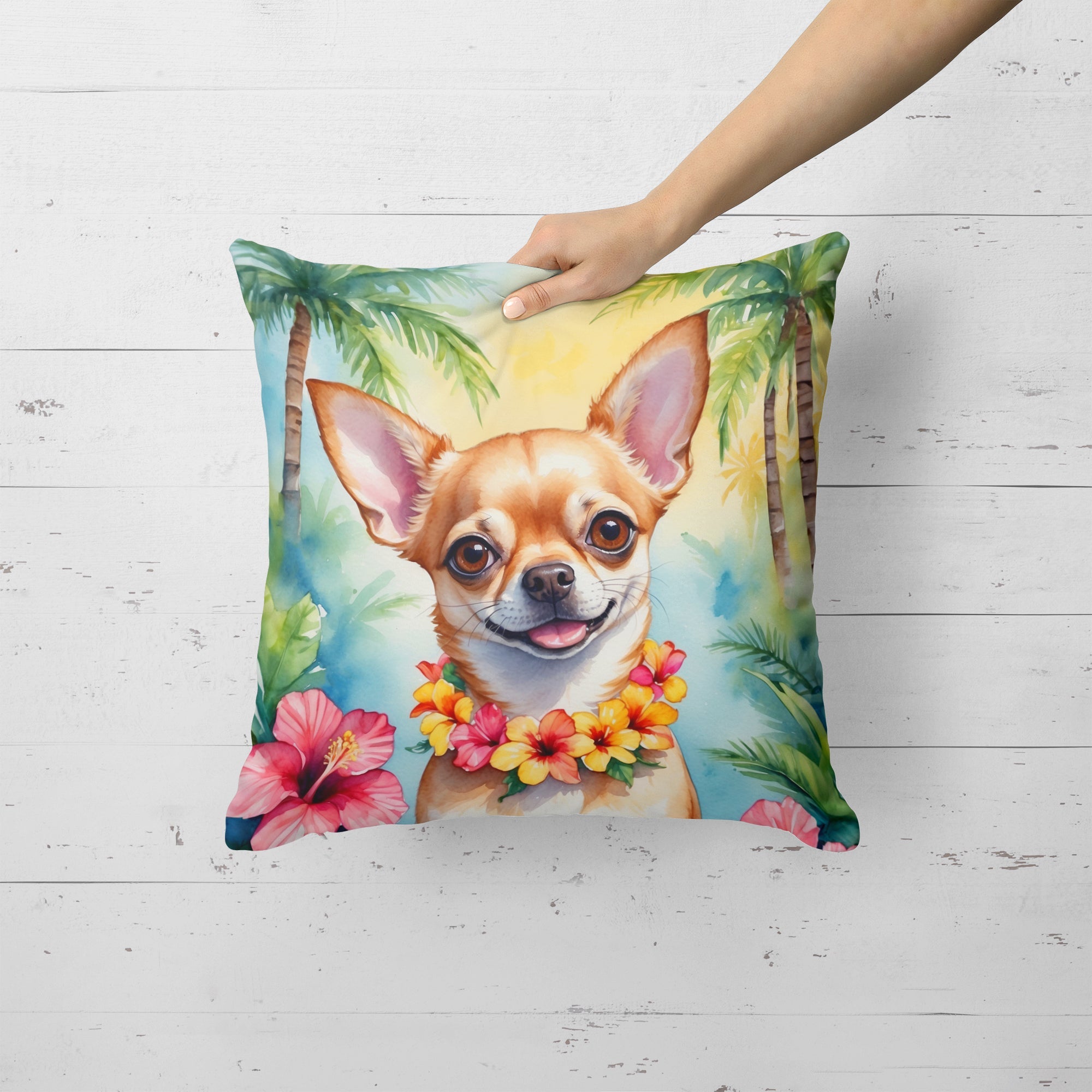 Chihuahua Luau Decorative Throw Pillow 18x18 Indoor Outdoor Accent Cushion, Fabric Cover with Insert for Sofa, Bed, Porch & Living Room