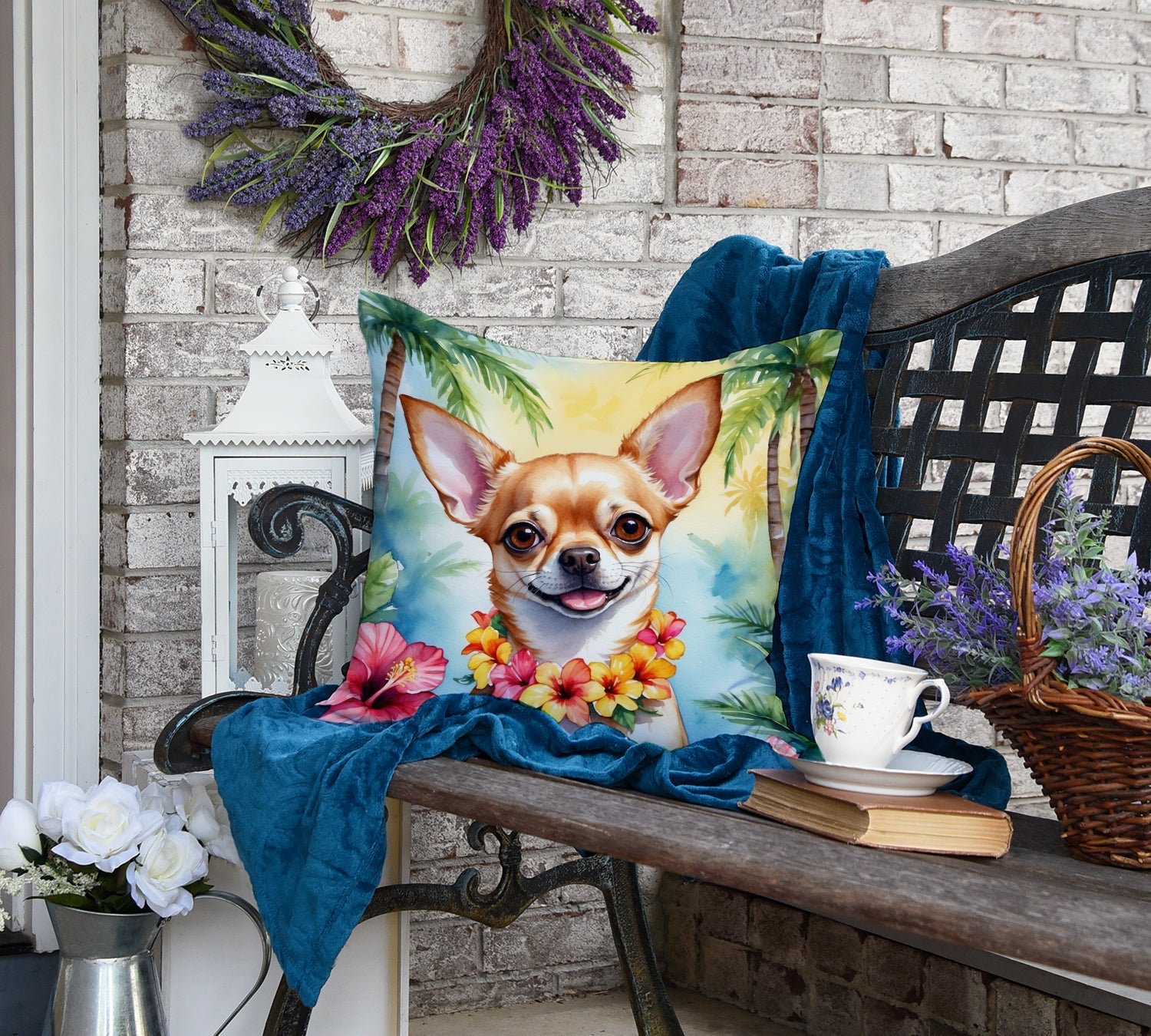 Chihuahua Luau Decorative Throw Pillow 18x18 Indoor Outdoor Accent Cushion, Fabric Cover with Insert for Sofa, Bed, Porch & Living Room