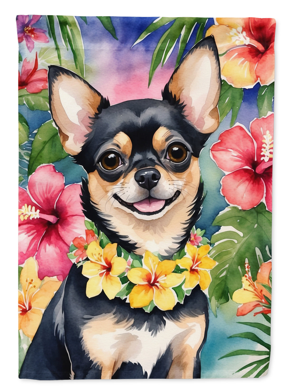 Chihuahua Luau House Flag 28x40 Porch Sleeve Pole Decorative Outside Yard Banner Artwork Wall Hanging, Polyester