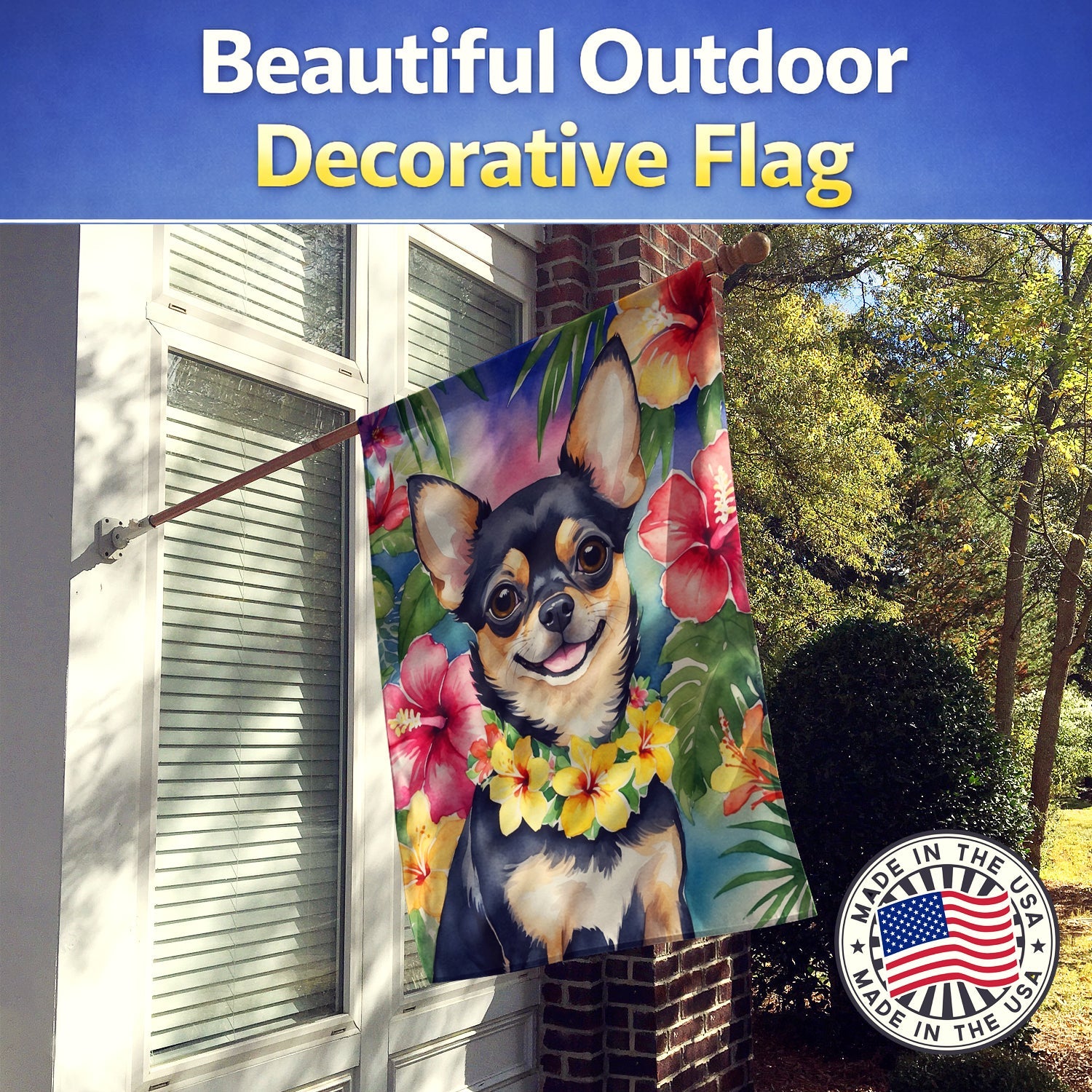 Chihuahua Luau House Flag 28x40 Porch Sleeve Pole Decorative Outside Yard Banner Artwork Wall Hanging, Polyester