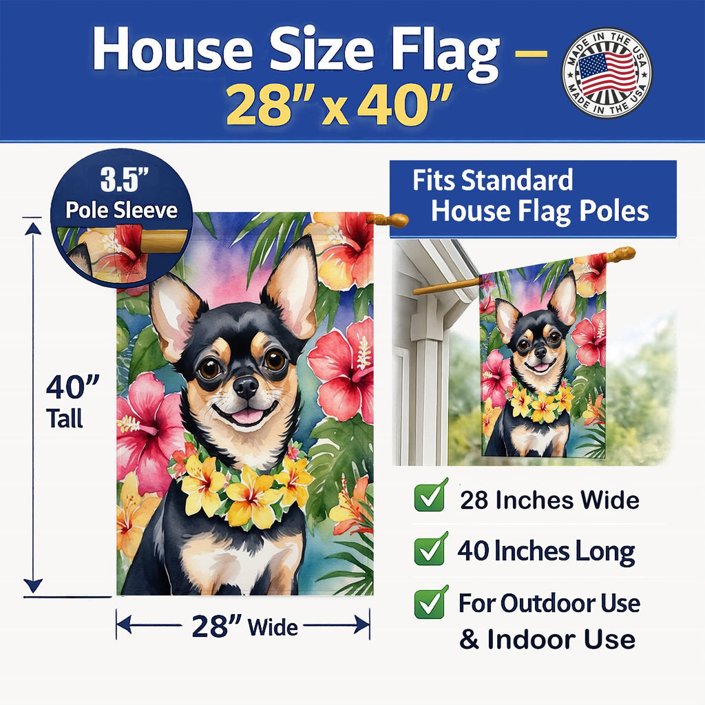 Chihuahua Luau House Flag 28x40 Porch Sleeve Pole Decorative Outside Yard Banner Artwork Wall Hanging, Polyester