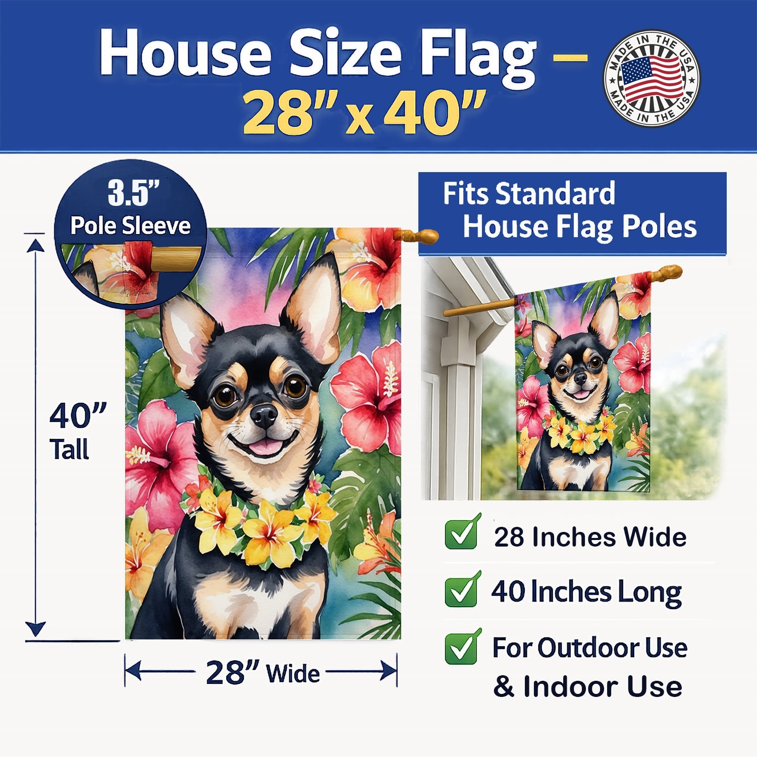 Chihuahua Luau House Flag 28x40 Porch Sleeve Pole Decorative Outside Yard Banner Artwork Wall Hanging, Polyester