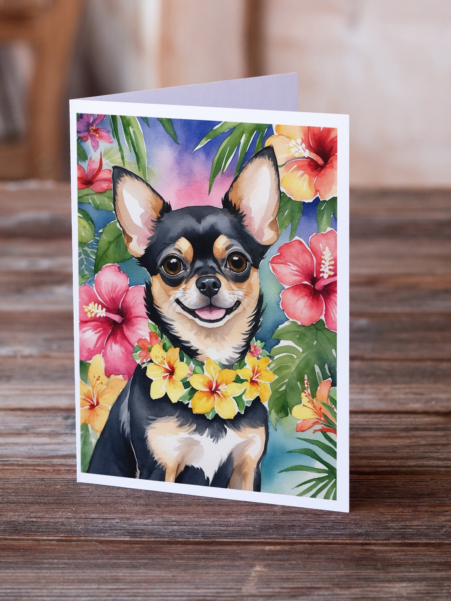 Chihuahua Luau Greeting Cards Pack of 8 Blank Cards with Envelopes Whimsical A7 Size 5x7