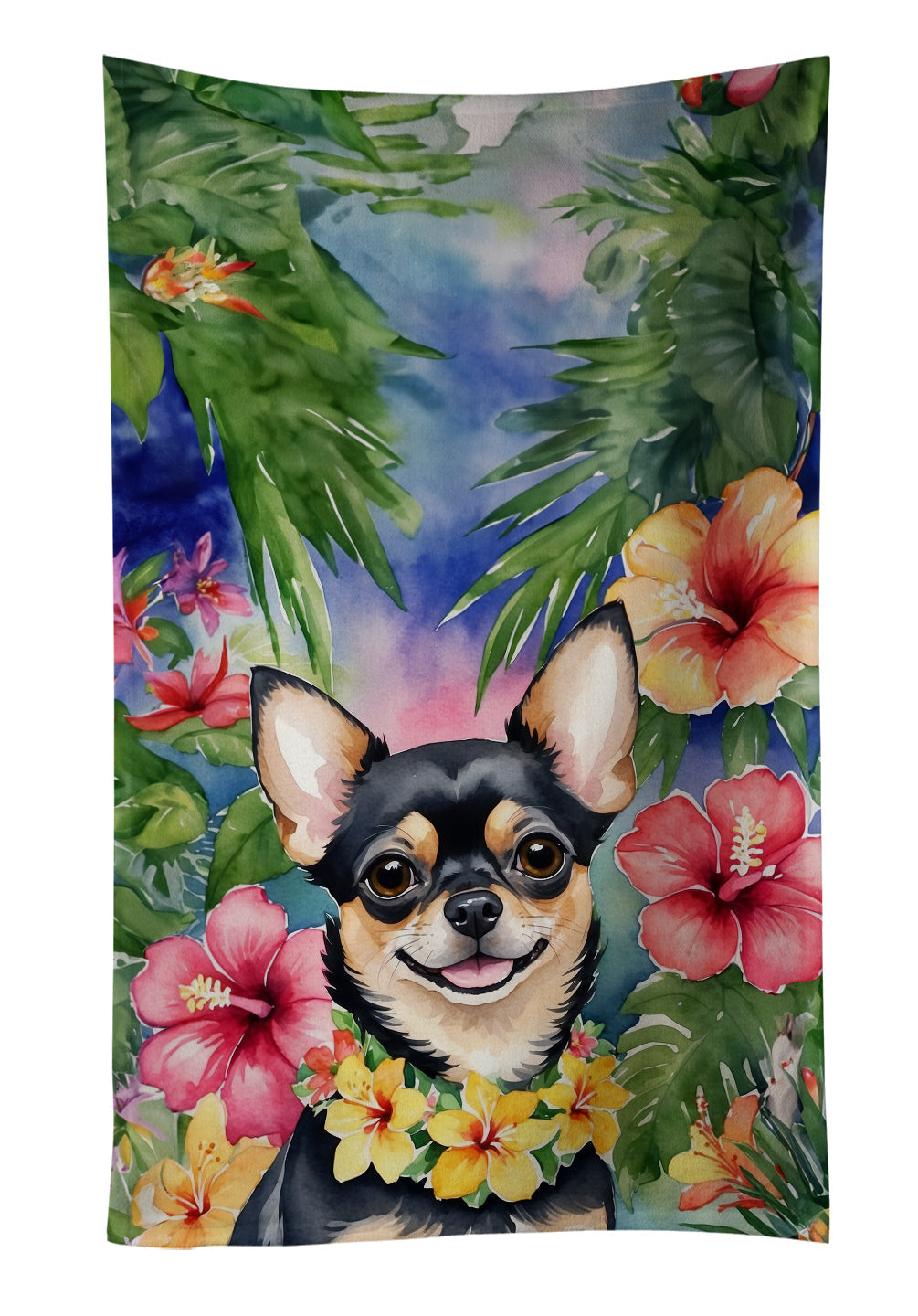 Chihuahua Luau Kitchen Towel Velour Plush Front and Cotton Loop Back Machine Washable