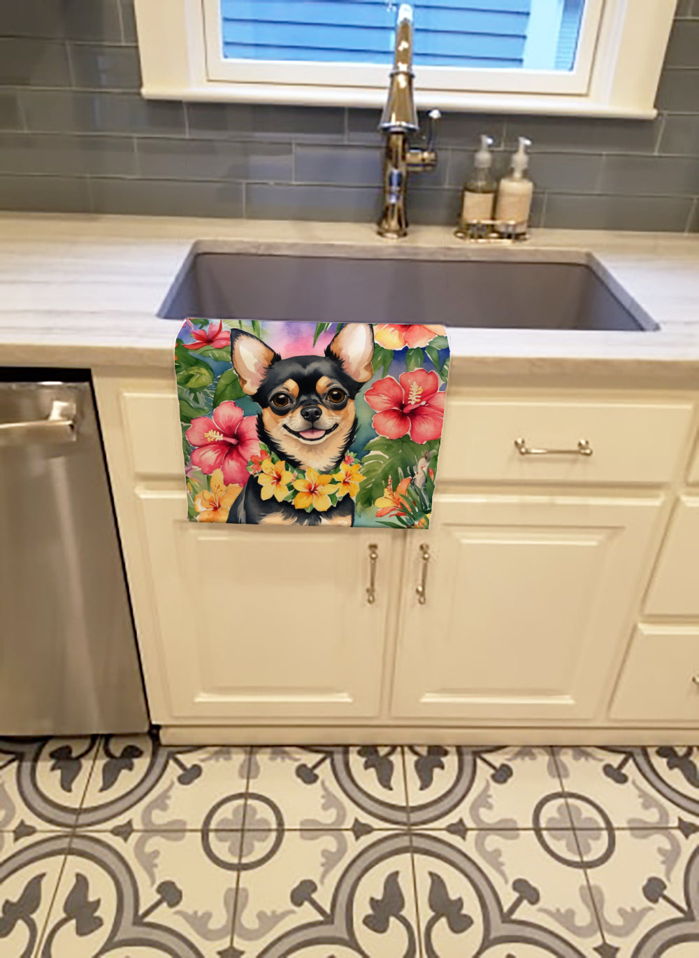 Chihuahua Luau Kitchen Towel Velour Plush Front and Cotton Loop Back Machine Washable