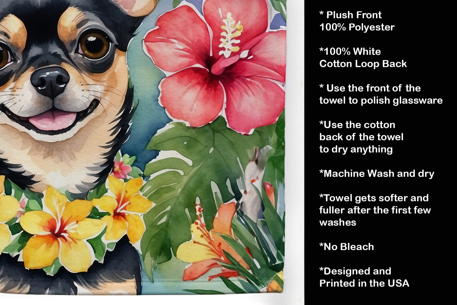 Chihuahua Luau Kitchen Towel Velour Plush Front and Cotton Loop Back Machine Washable
