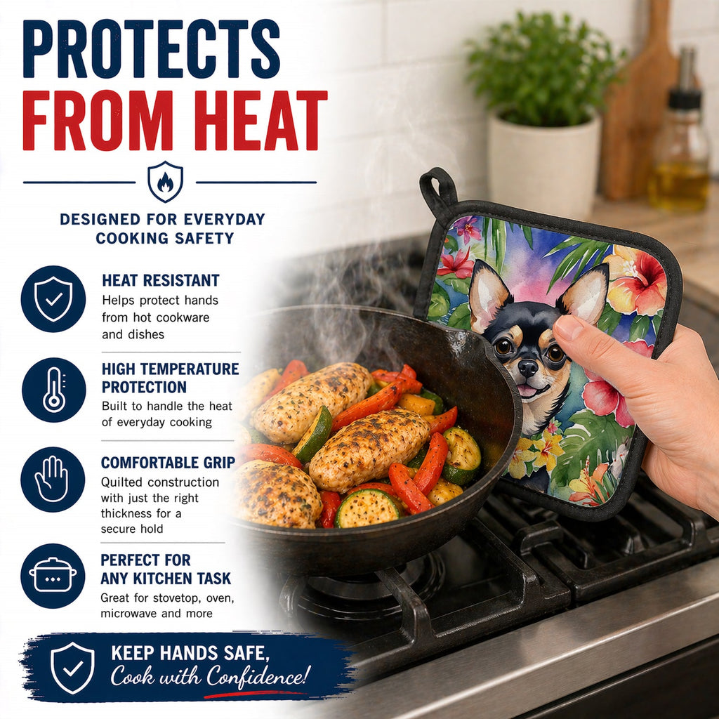 Chihuahua Luau Pot Holder Set of 2 Heat Resistant Quilted Hot Pads 7.5 x 7.5 Inch, Insulated Kitchen Trivets for Cooking & Baking