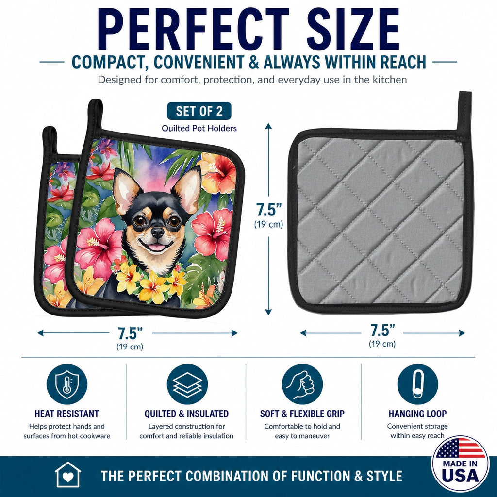 Chihuahua Luau Pot Holder Set of 2 Heat Resistant Quilted Hot Pads 7.5 x 7.5 Inch, Insulated Kitchen Trivets for Cooking & Baking