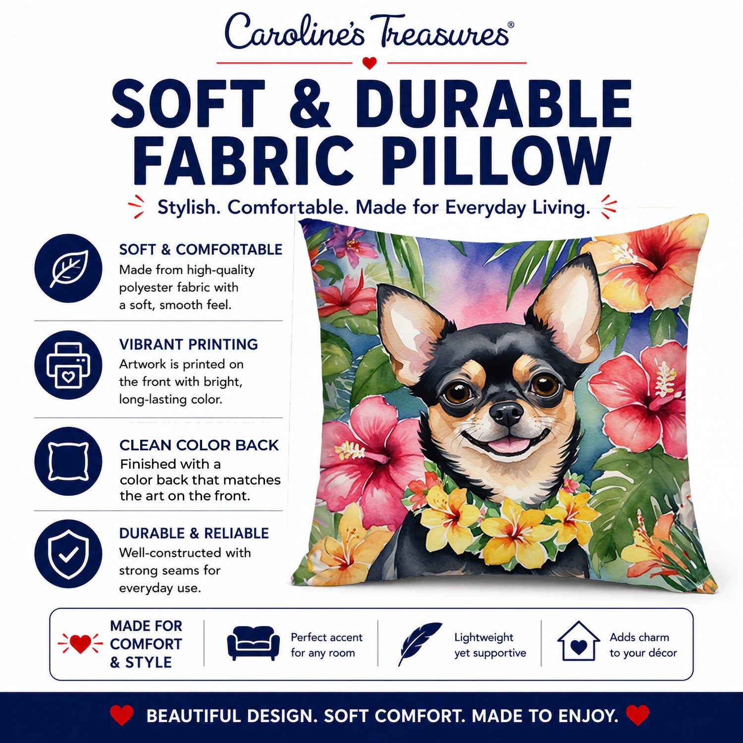 Chihuahua Luau Decorative Throw Pillow 14x14 Indoor Outdoor Accent Cushion, Fabric Cover with Insert for Sofa, Bed, Porch & Living Room