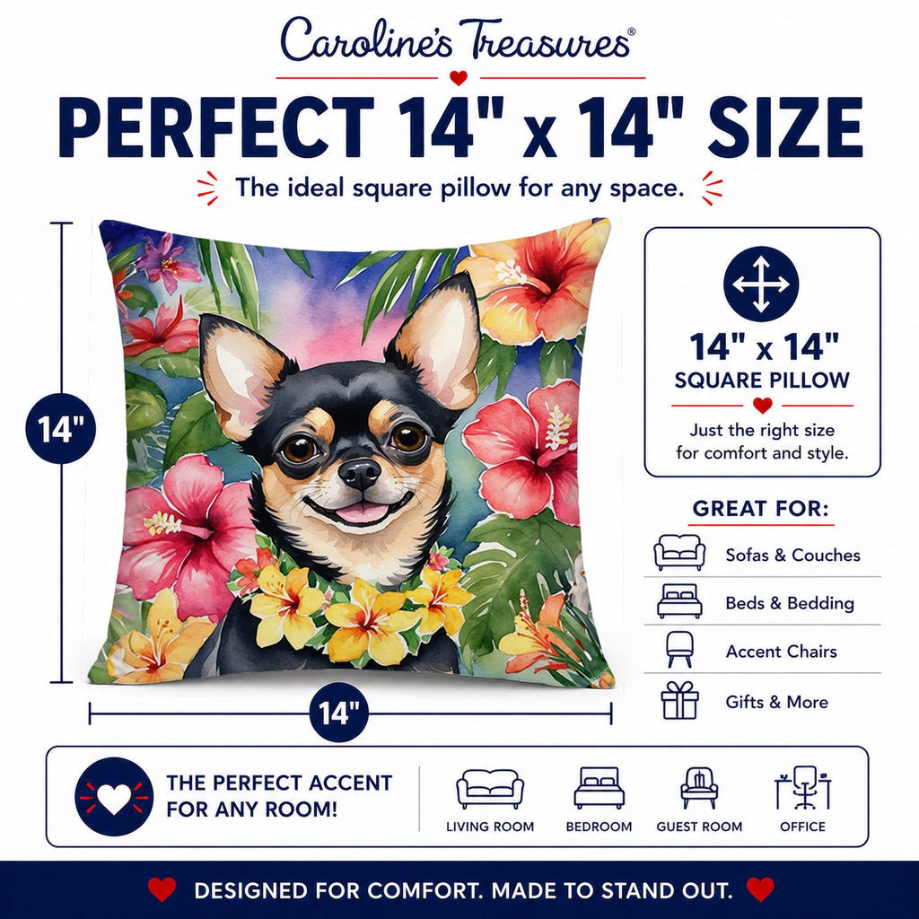 Chihuahua Luau Decorative Throw Pillow 14x14 Indoor Outdoor Accent Cushion, Fabric Cover with Insert for Sofa, Bed, Porch & Living Room