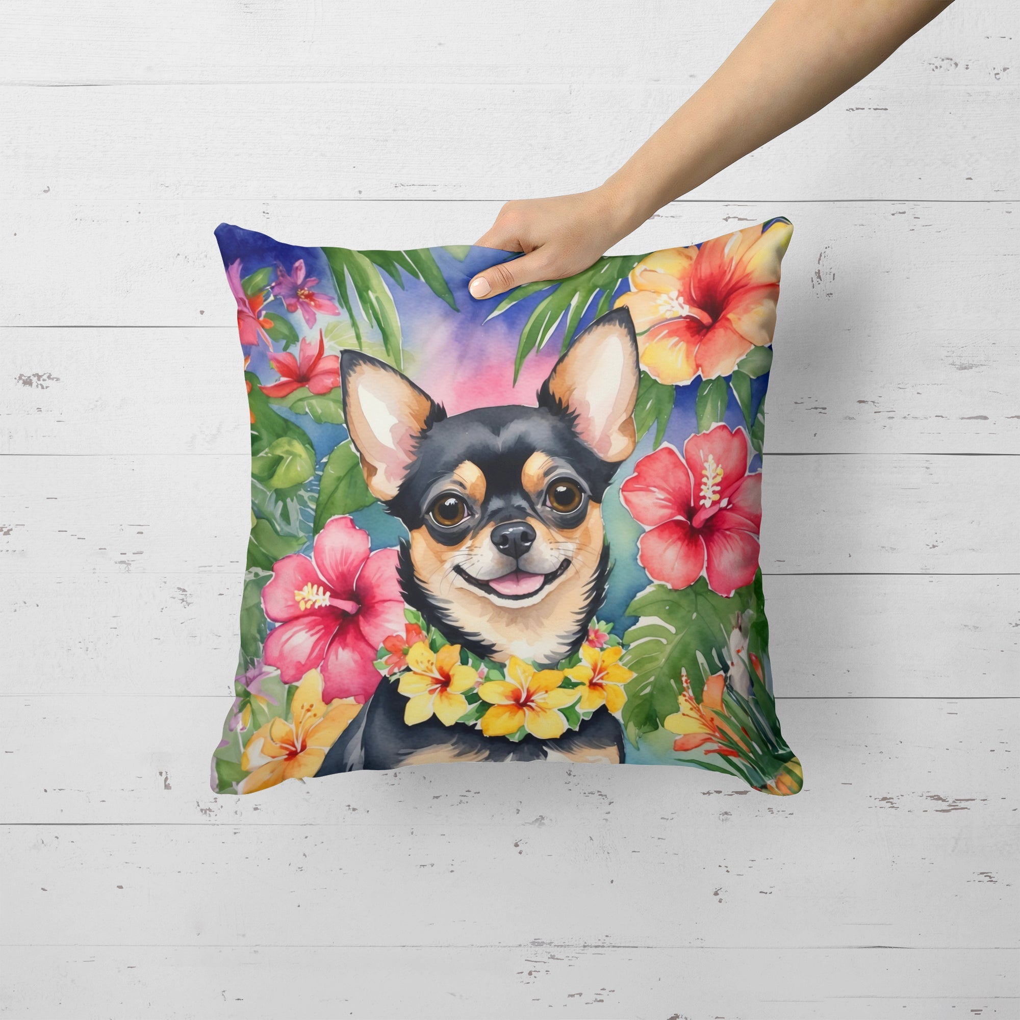 Chihuahua Luau Decorative Throw Pillow 18x18 Indoor Outdoor Accent Cushion, Fabric Cover with Insert for Sofa, Bed, Porch & Living Room