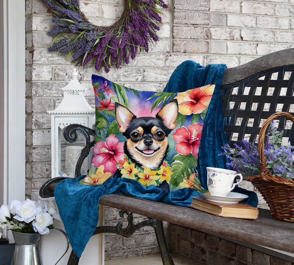 Chihuahua Luau Decorative Throw Pillow 18x18 Indoor Outdoor Accent Cushion, Fabric Cover with Insert for Sofa, Bed, Porch & Living Room